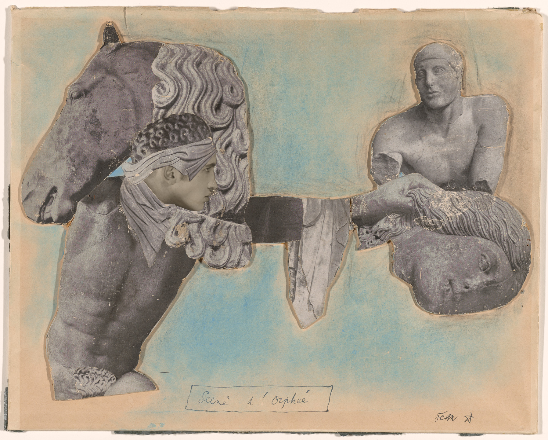 The image features fragments of gray classical sculptures, including a horse&#39;s head, human heads, and torsos, against a faded blue and beige background. Handwritten text on the bottom reads &#34;Série l&#39;Orphée.&#34; This is an AI generated description. To give feedback, email ai@moma.org.