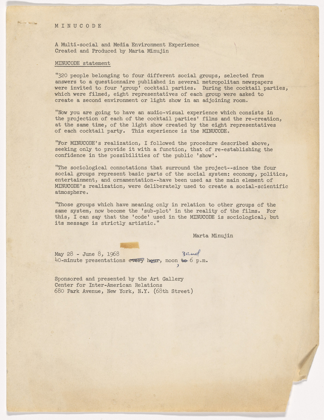 Marta Minujín. Archive of MINUCODE. 1968