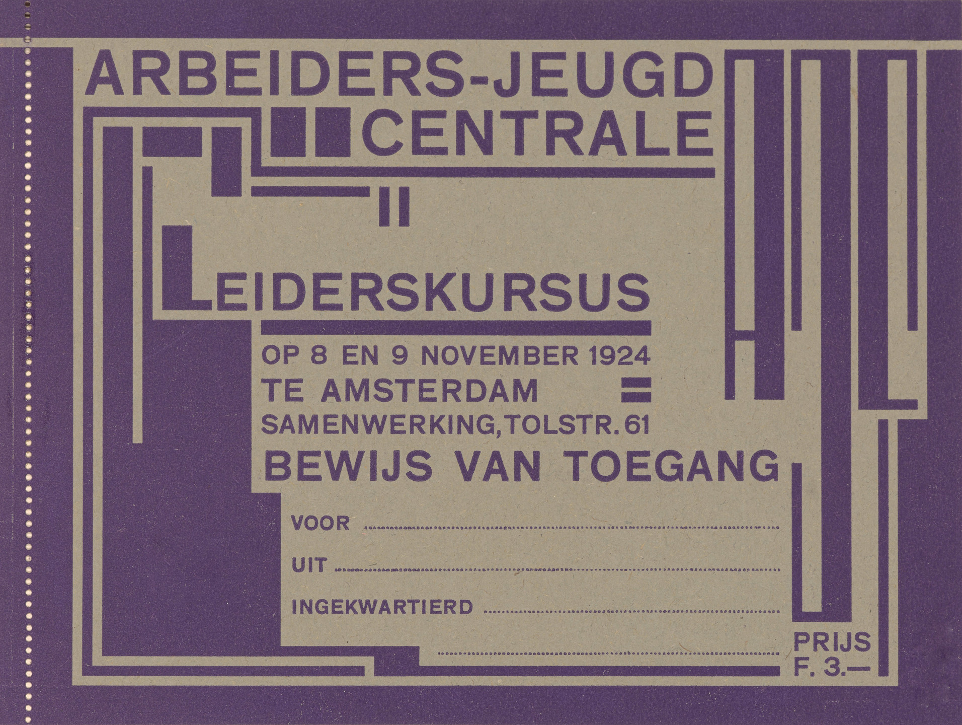 Fré Cohen. Ticket for leadership course organized by the AJC (Arbeiders Jeugd Centrale). 1925