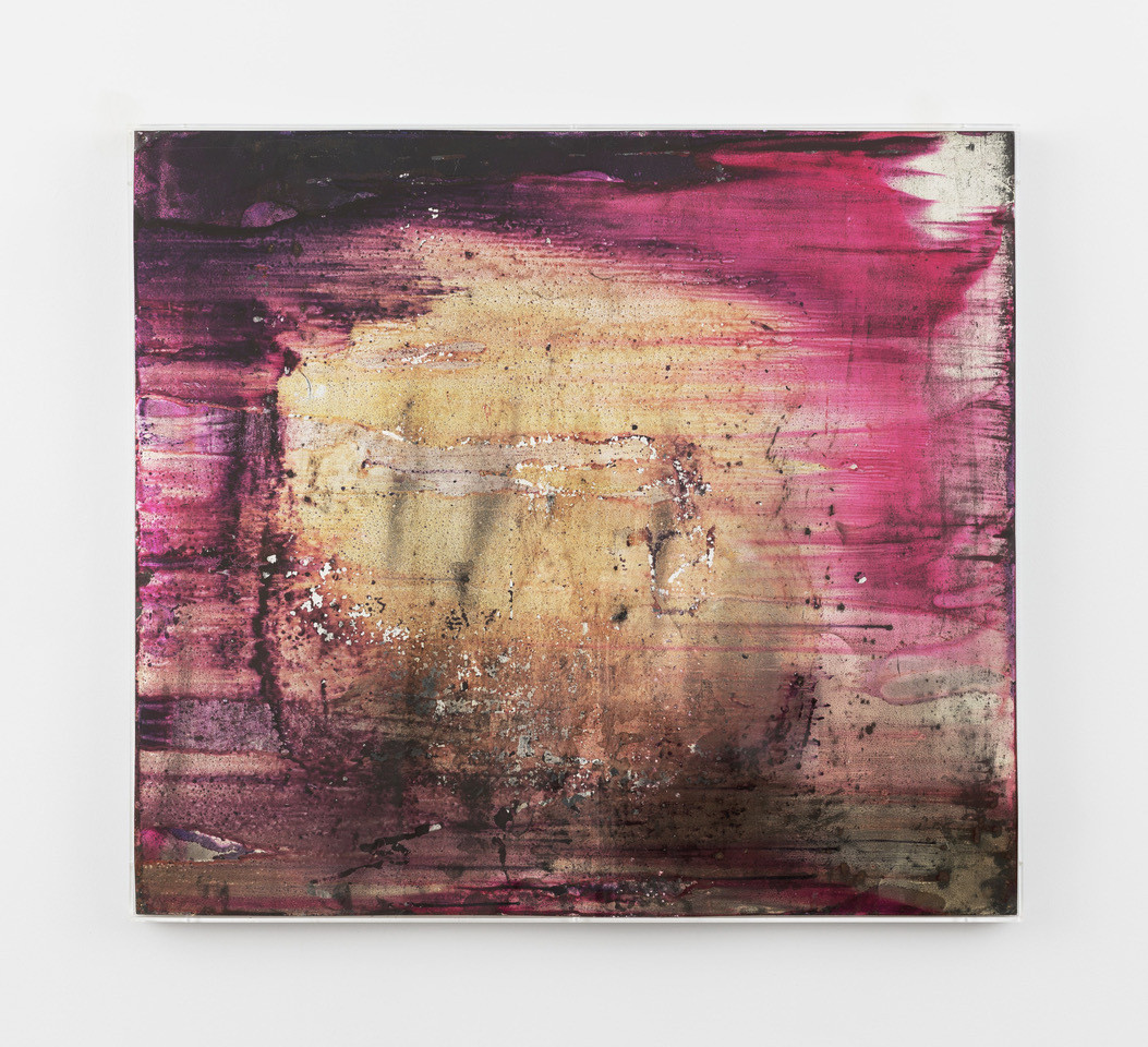 The image features a rectangular canvas with a predominant central area of gold, surrounded by shades of magenta, pink, and darker hues. There are visible brush strokes and splatters throughout. This is an AI generated description. To give feedback, email ai@moma.org.