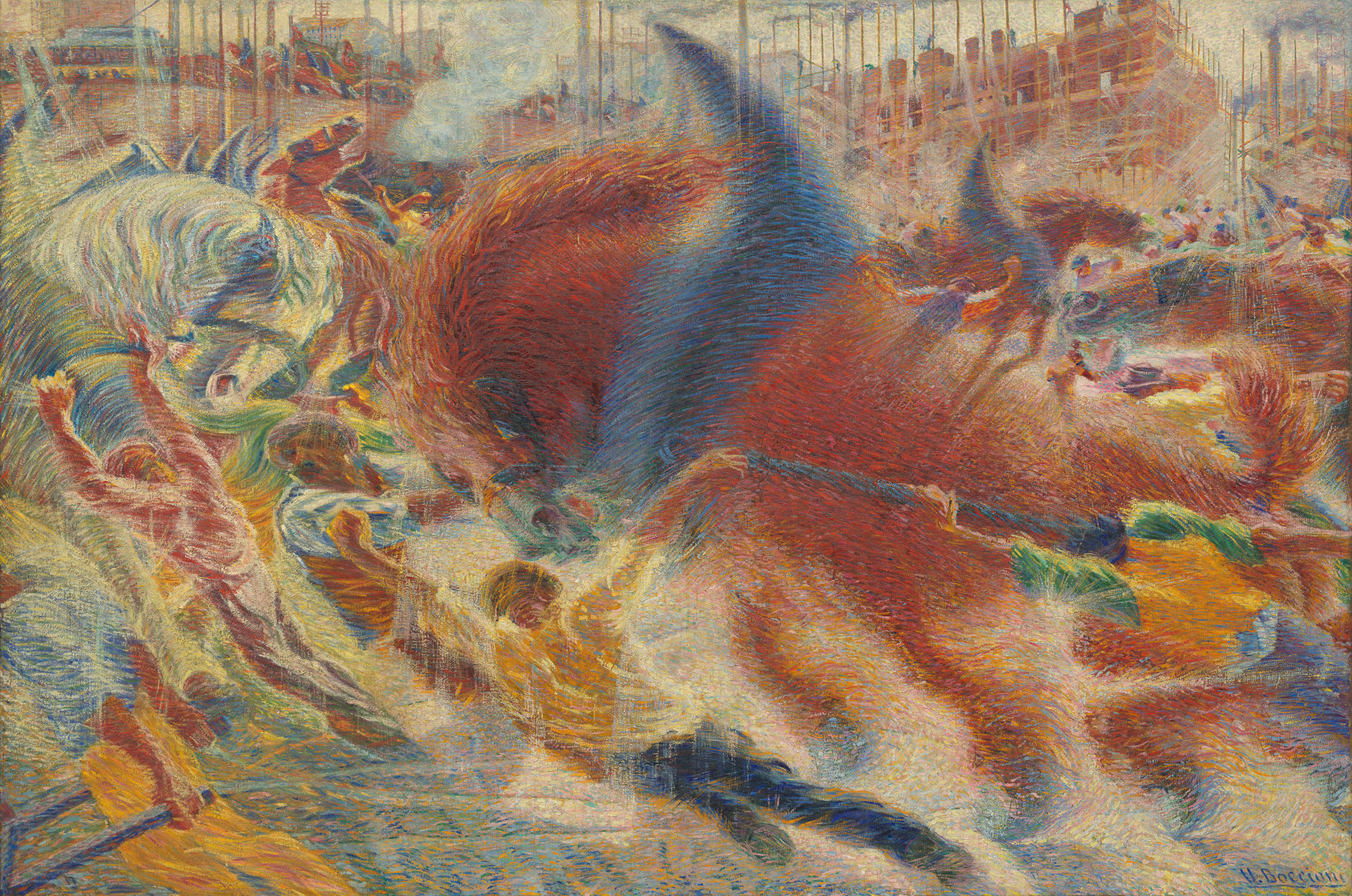 The image is filled with vibrant colors, predominantly red, orange, and blue, depicting chaotic, swirling motion. Various figures and shapes blend into the background with buildings and smoke visible above. This is an AI generated description. To give feedback, email ai@moma.org.