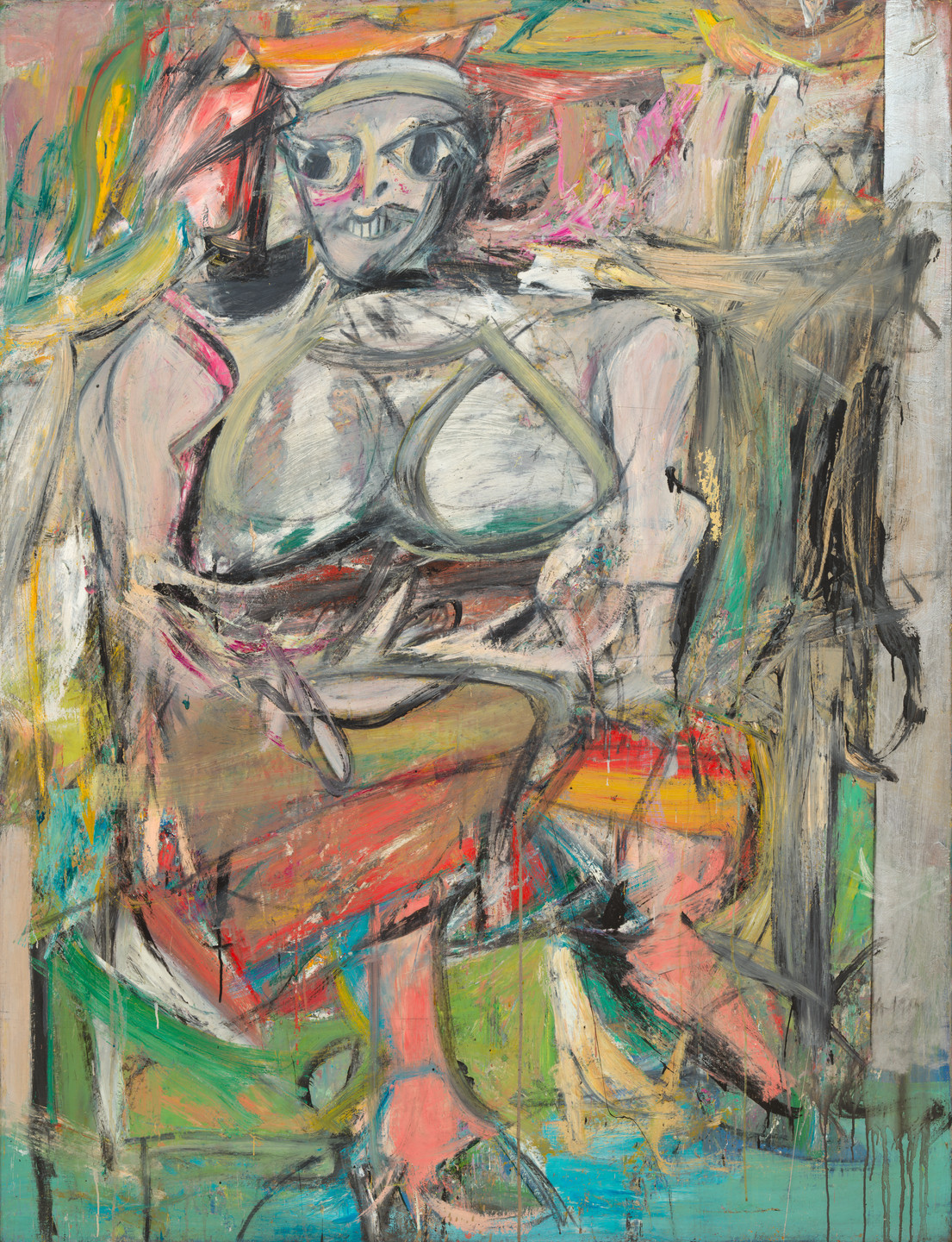 A painting with visible brushstrokes depicts a seated figure in shades of pink, white, and gray against a background of yellow, orange, and green. Black lines define the figure and background elements. This is an AI generated description. To give feedback, email ai@moma.org.