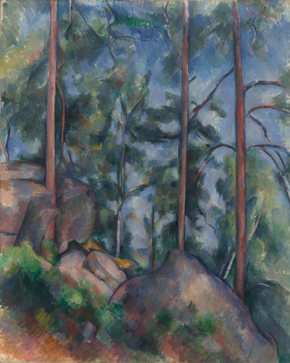 The image shows tall, reddish-brown tree trunks among rocks and greenery with a predominantly blue and green background. The scene suggests a forested landscape with patches of light filtering through. This is an AI generated description. To give feedback, email ai@moma.org.