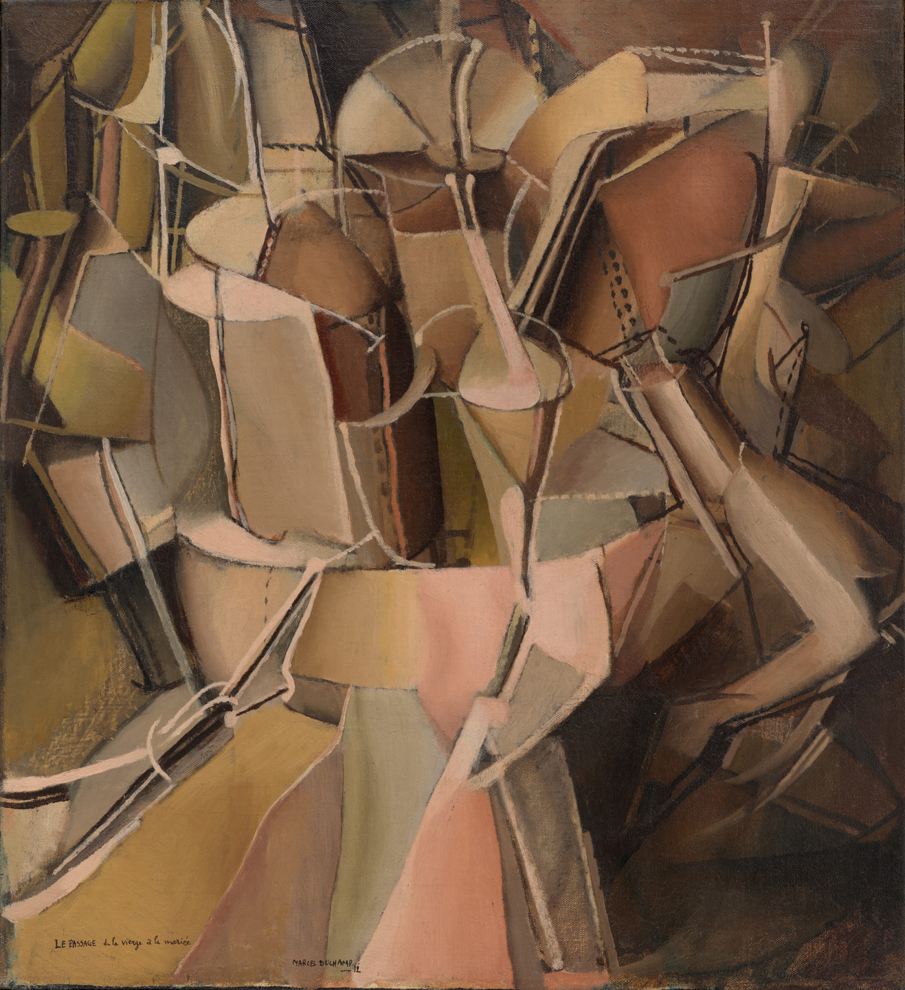 The image features interlocking, geometric shapes in shades of brown, beige, and light pink, creating a complex, overlapping composition. Darker brown and black lines outline some shapes, adding depth and contrast. This is an AI generated description. To give feedback, email ai@moma.org.