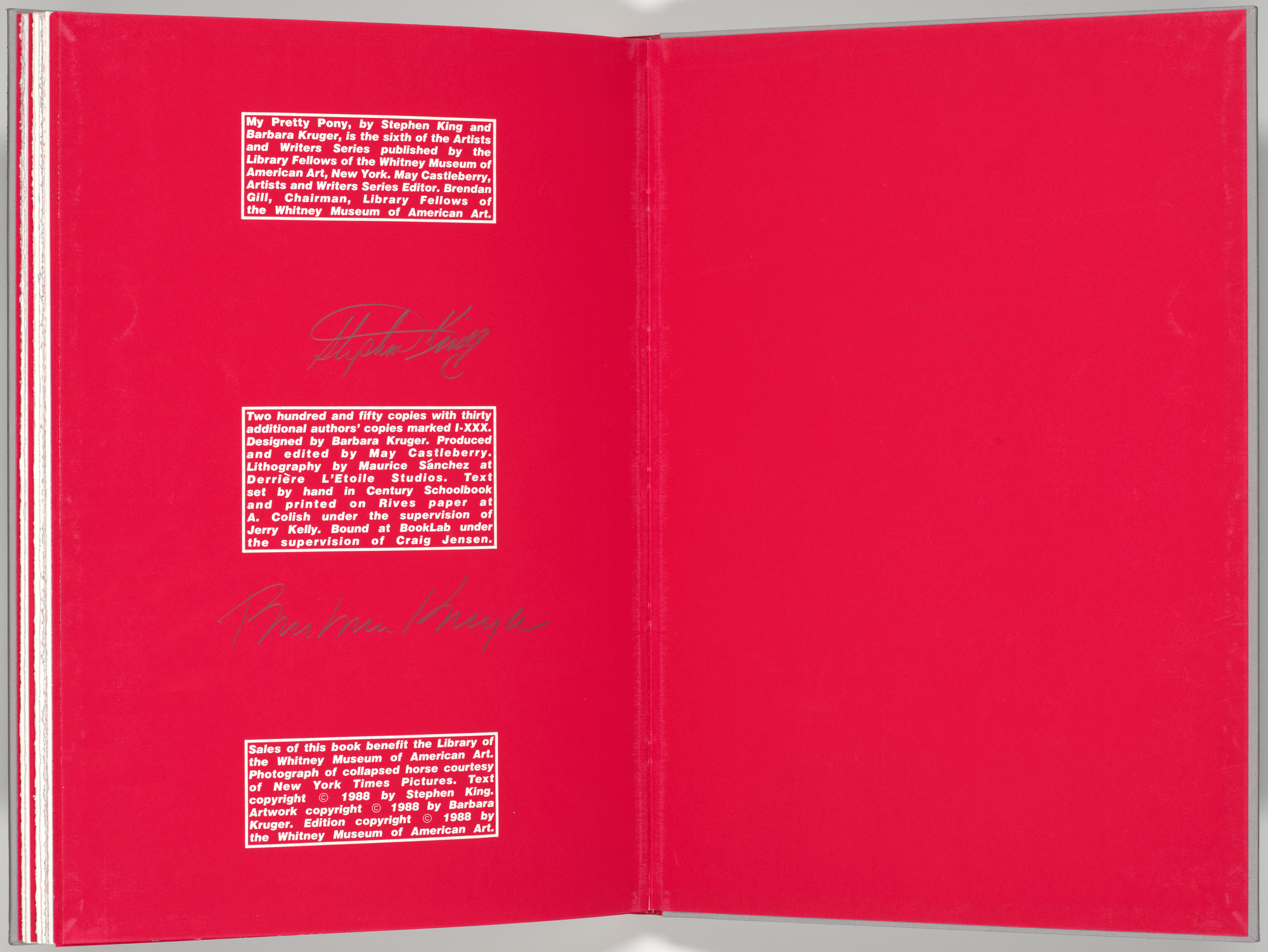 Barbara Kruger. Double page plate with colophon (folio 32 verso and endpaper) from My Pretty Pony
