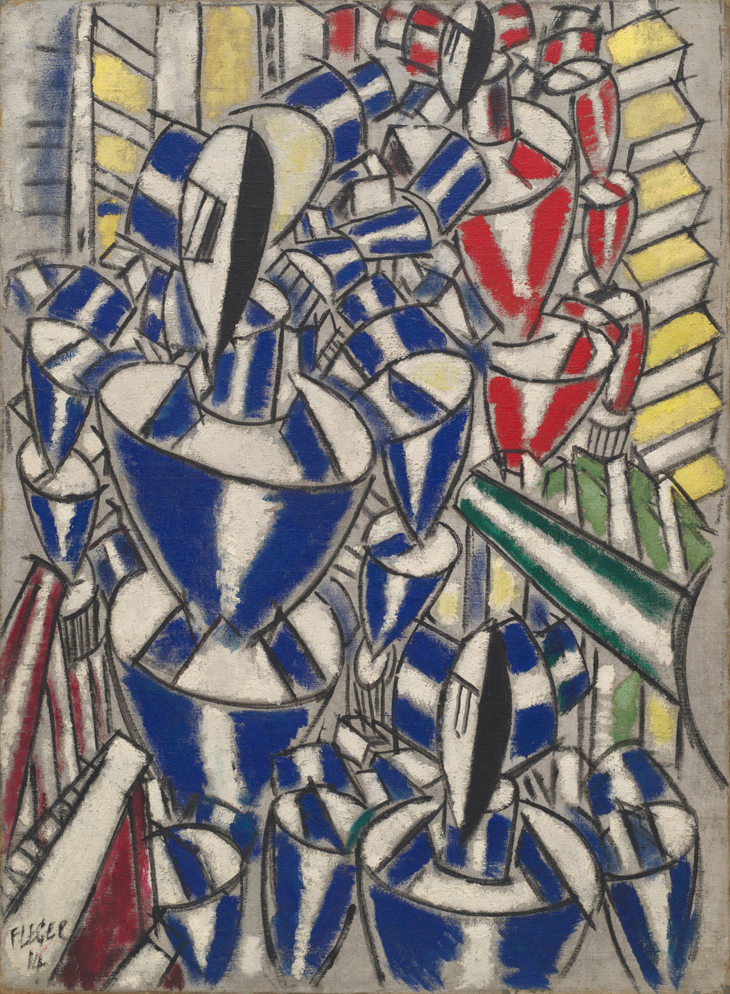 The image contains a series of geometric, conical shapes predominantly colored in blue, red, white, and yellow. It features a dynamic arrangement of these shapes overlapping and intersecting with black outlines. This is an AI generated description. To give feedback, email ai@moma.org.