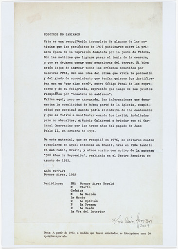 León Ferrari. Nosotros no sabíamos (We Didn't Know). 1976–92, printed 2007