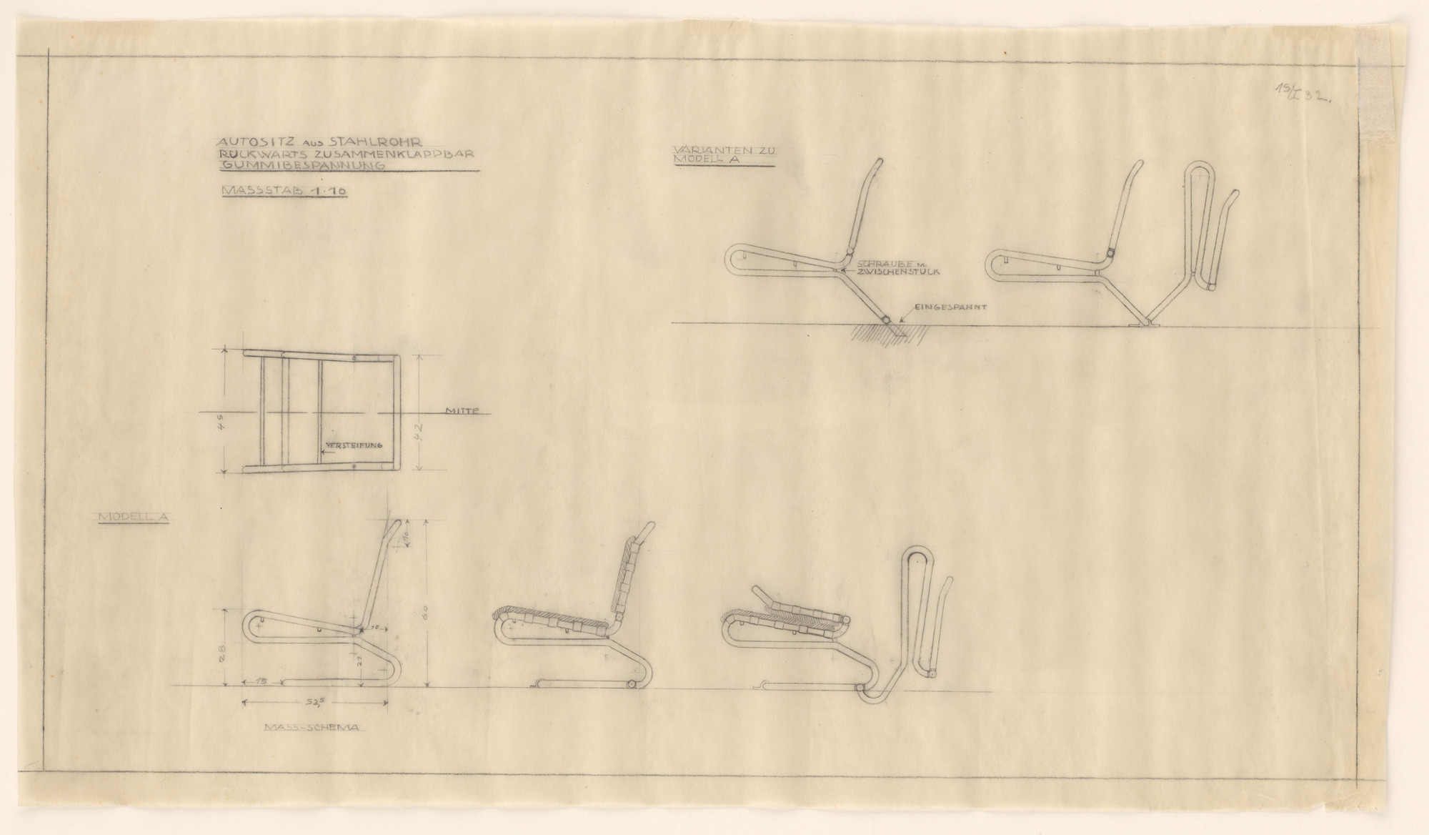 Lilly Reich. Folding car seat of tubular steel, with rubber straps (Plan and elevations). 1930s