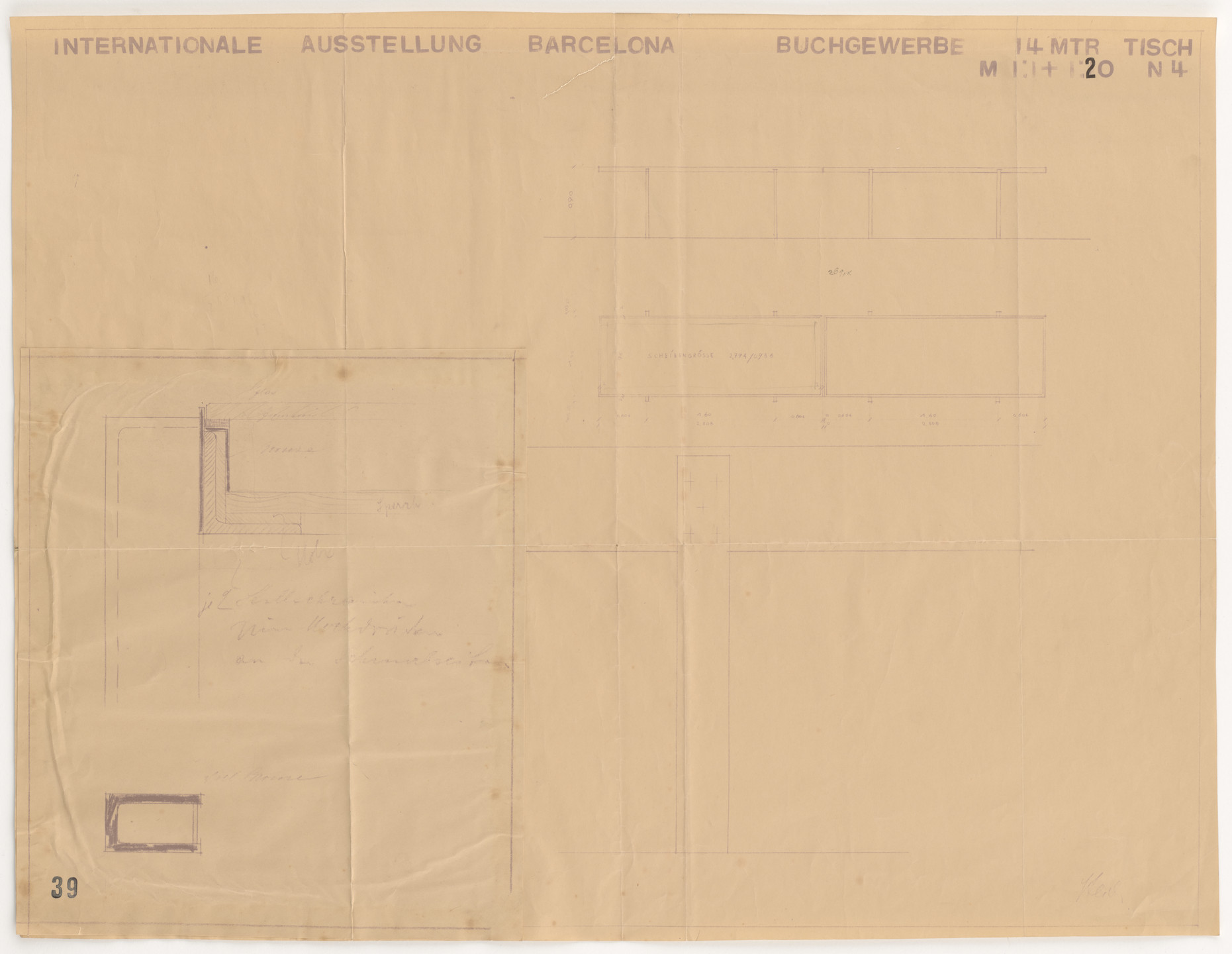 Lilly Reich. Barcelona Exhibition, German Section, Book-printing trade palace, Barcelona, Spain (Elevation, plan, and sections. Display table.). 1929