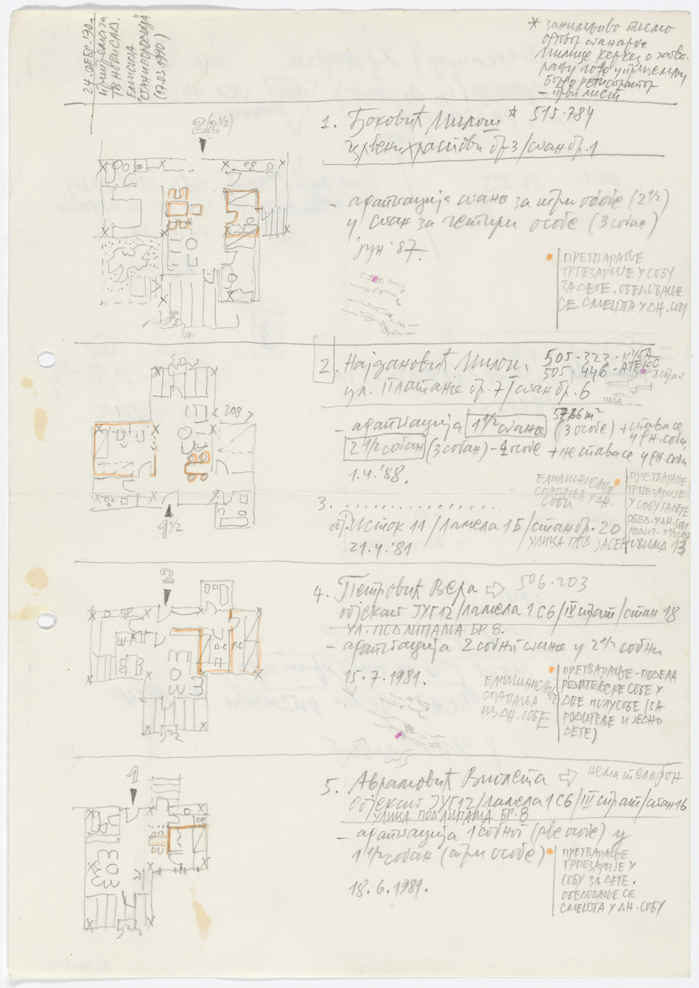 Darko Marušić, Milenija Marušić, Nedeljko Borovnica. Cerak Vinogradi Housing Estate, Belgrade, Serbia (Schematic sketches for individual unit customization, 1981). 1977–1987