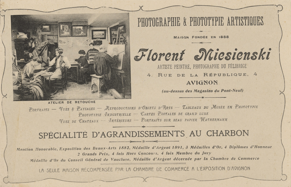 Florent Miesienski, Photographie & phototypie artistiques, Maison fondée en 1888, Spécialité d’agrandissements au charbon,  Avignon