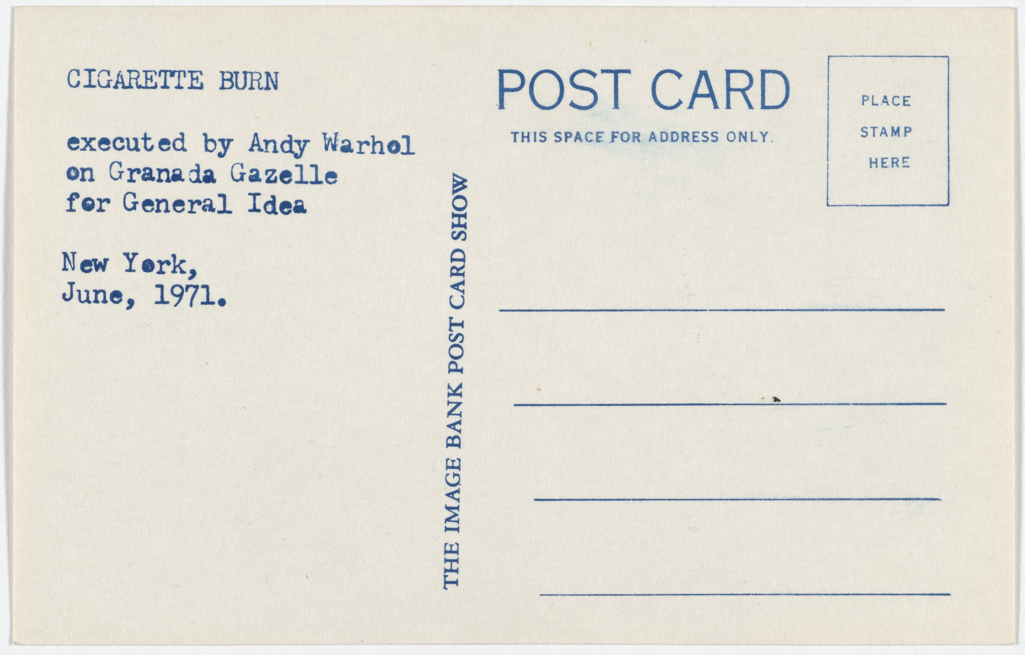 General Idea. CIGARETTE BURN executed by Andy Warhol on Granada Gazelle for General Idea, New York, 1971. 1971