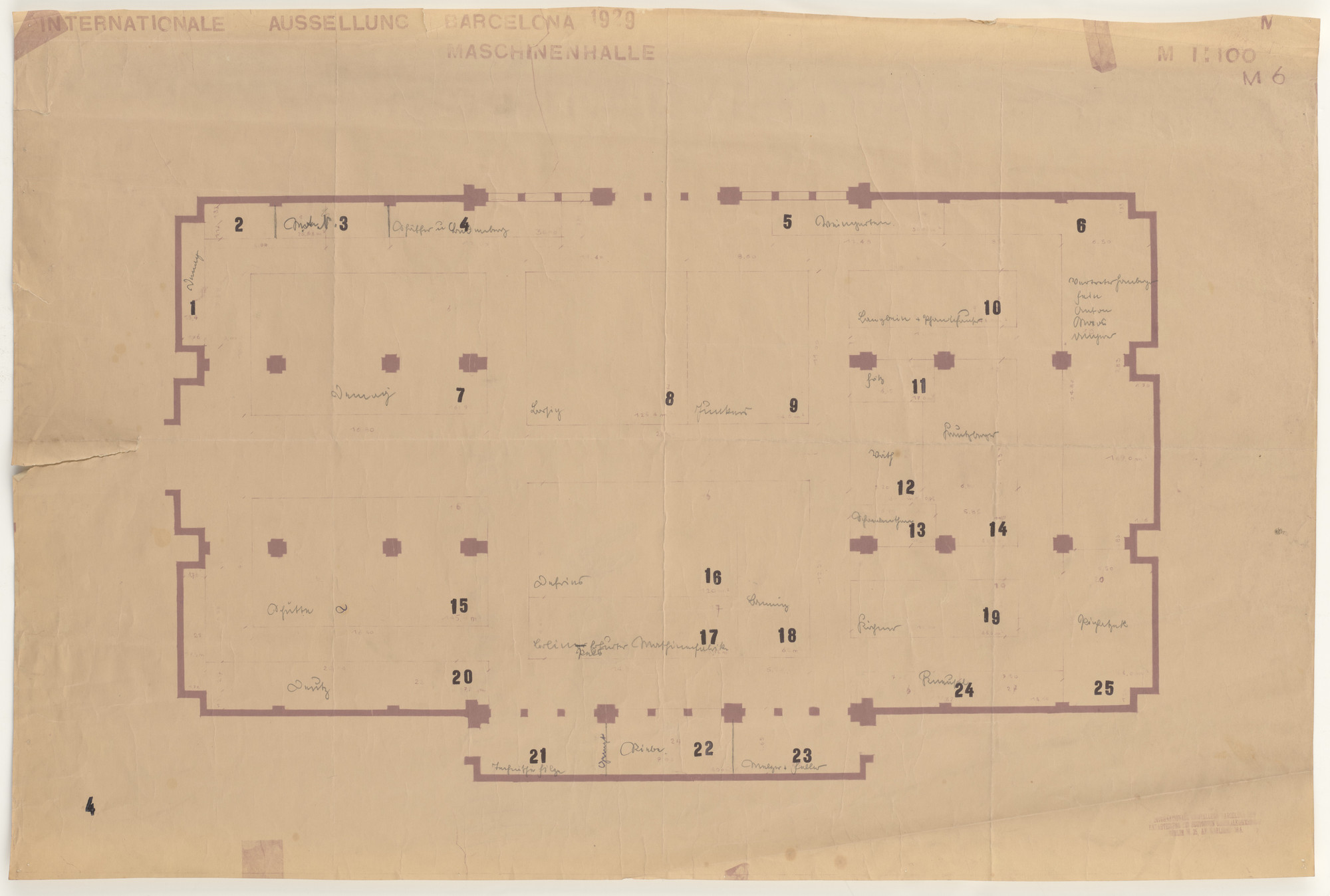 Ludwig Mies van der Rohe, Lilly Reich. Barcelona Exhibition, German Section, Textile Palace, Barcelona, Spain (Floor plan of the Hall of Machines.). 1929
