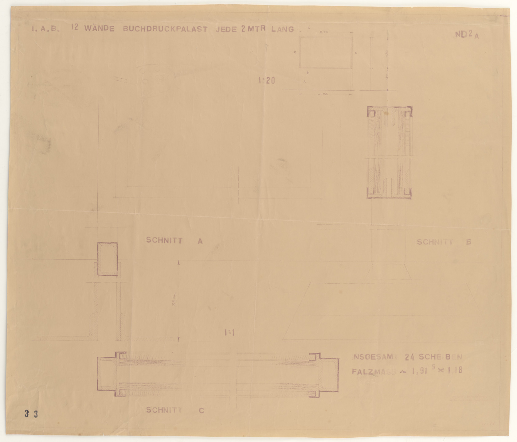 Ludwig Mies van der Rohe, Lilly Reich. Barcelona Exhibition, German Section, Textile Palace, Barcelona, Spain (Elevations and sections. Book-printing palace. Walls.). 1929