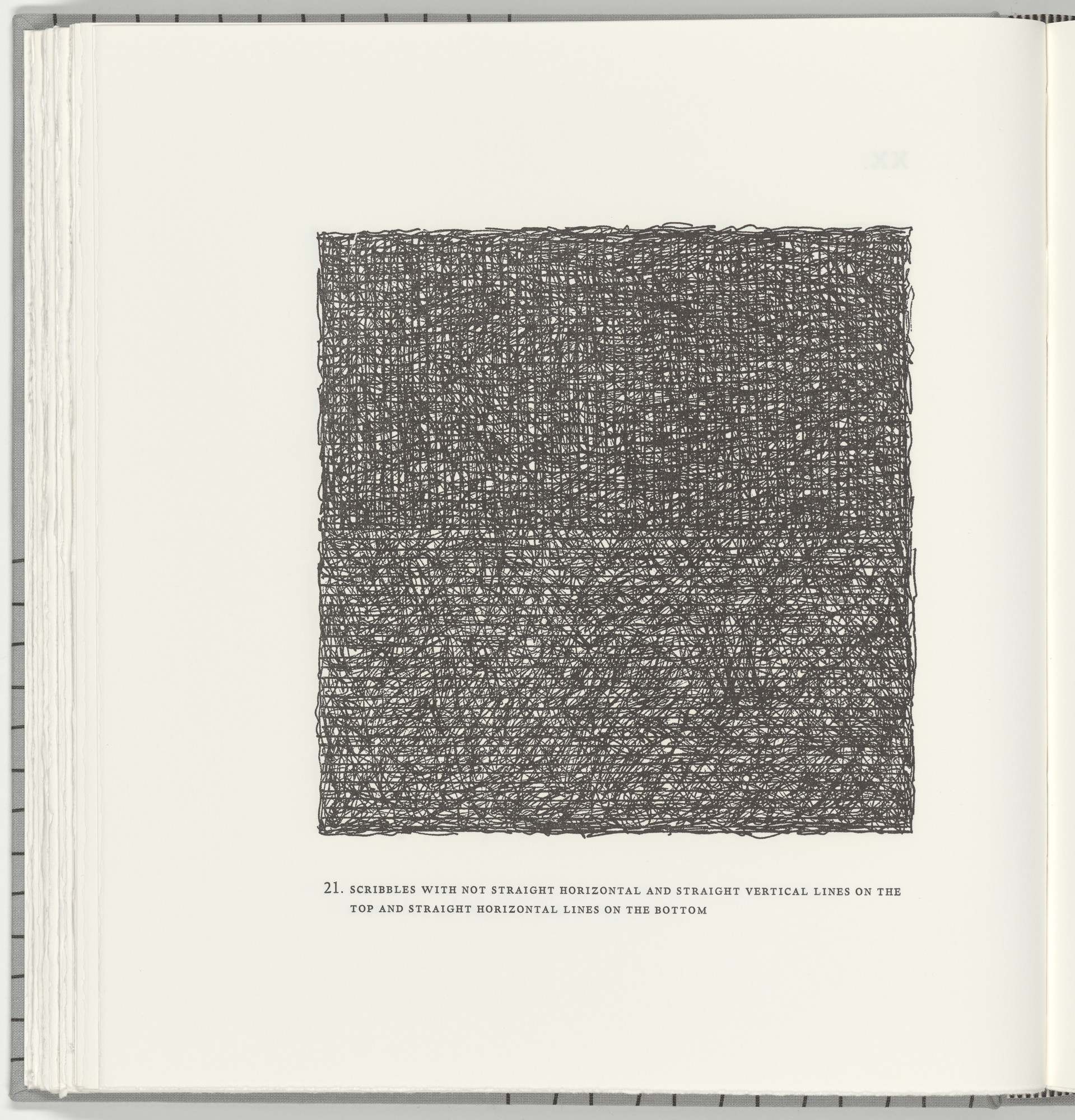 Sol LeWitt. Scribbles with Not Straight Horizontal and Straight Vertical Lines on the Top and Straight Horizontal Lines on the Bottom (plate 21) from Squarings