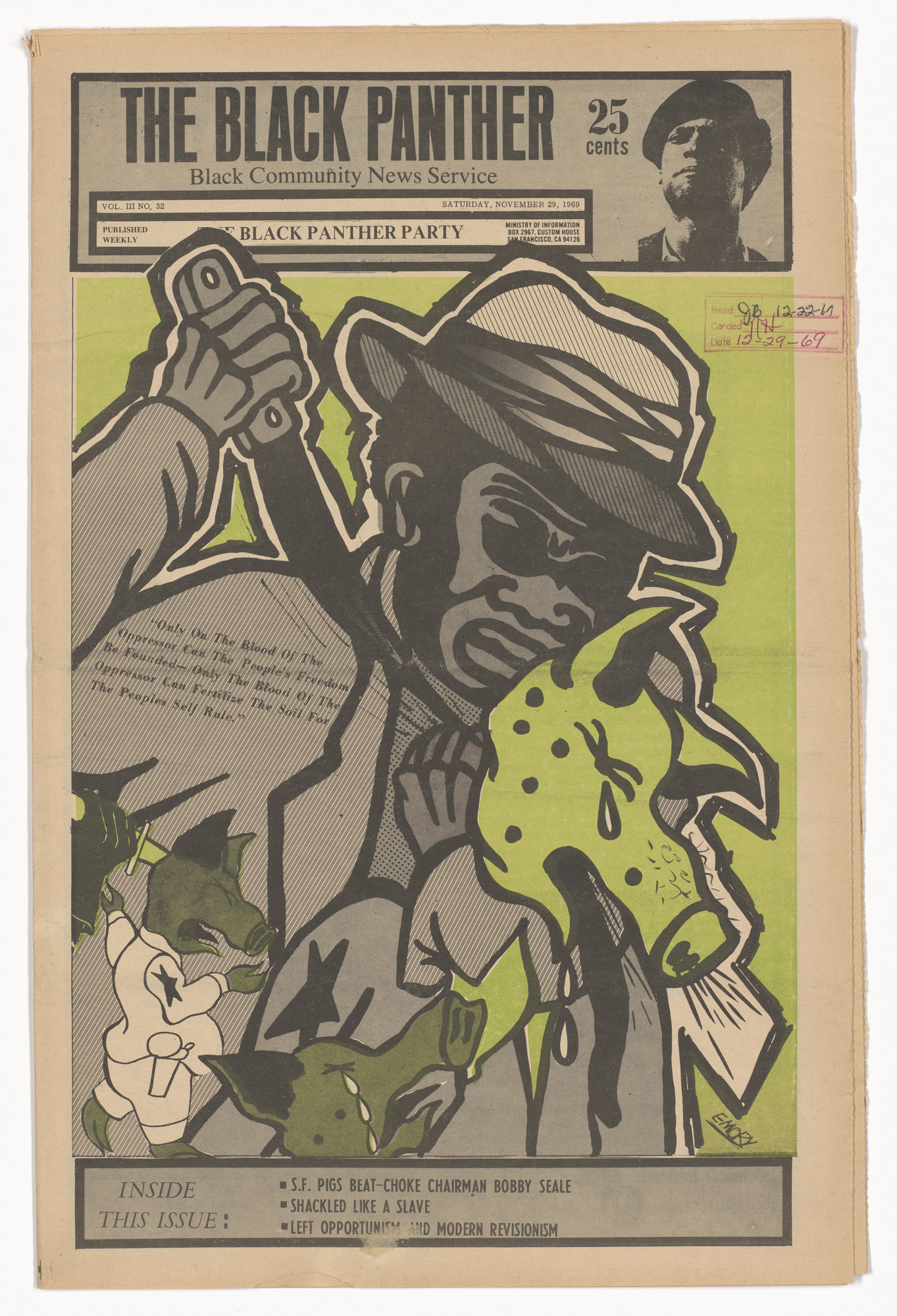 Emory Douglas. The Black Panther Newspaper, vol. 3, no. 32 (S.F pigs ...