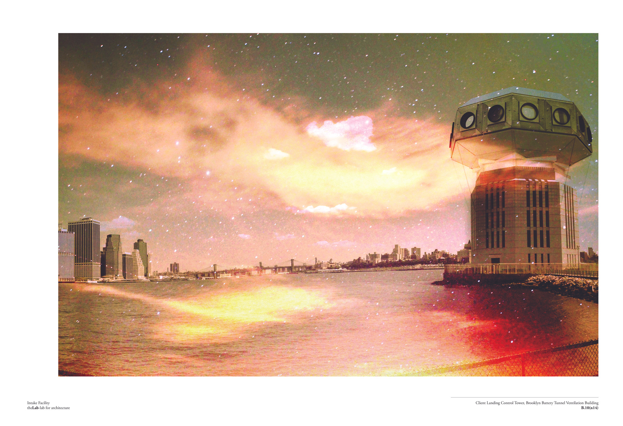 A cityscape with a body of water in the center is in shades of orange, yellow, and red. A tall, gray, octagonal structure with round windows near the top sits on the right bank. This is an AI generated description. To give feedback, email ai@moma.org.