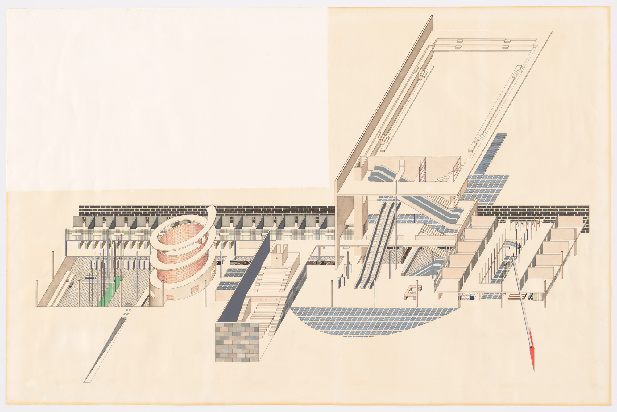 Rem Koolhaas, Elia Zenghelis, Zaha Hadid. Dutch Parliament Extension project, The Hague, Netherlands (Cutaway axonometric). 1978