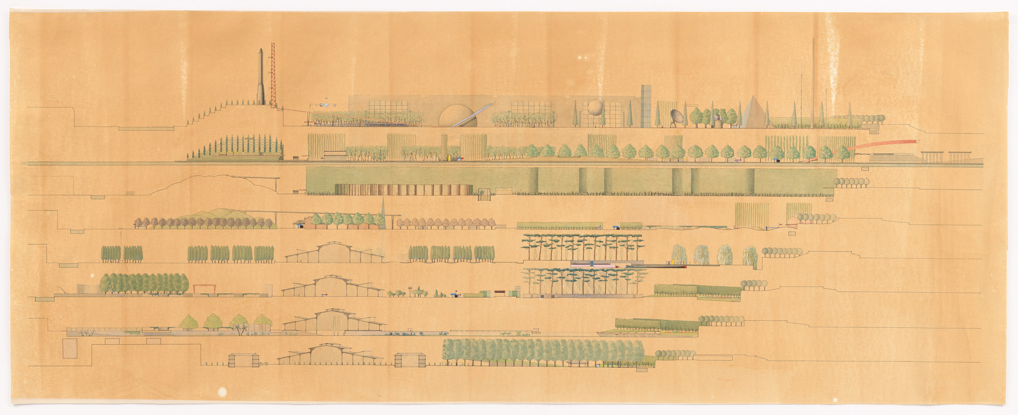 Rem Koolhaas, Elia Zenghelis. Parc de la Villette project, Paris, France (Sections). 1982