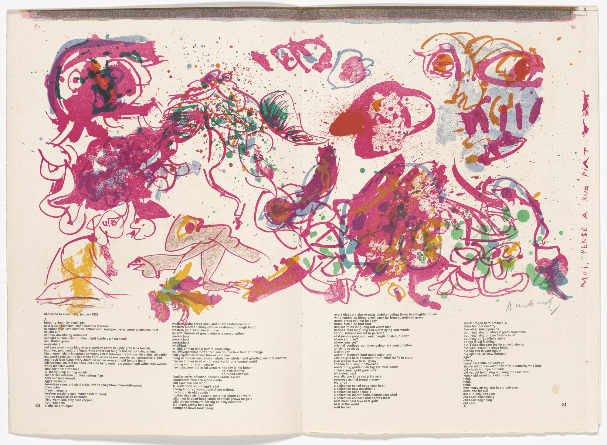 Pierre Alechinsky. Double page in-text plate (pages 80 and 81) from 1¢ Life