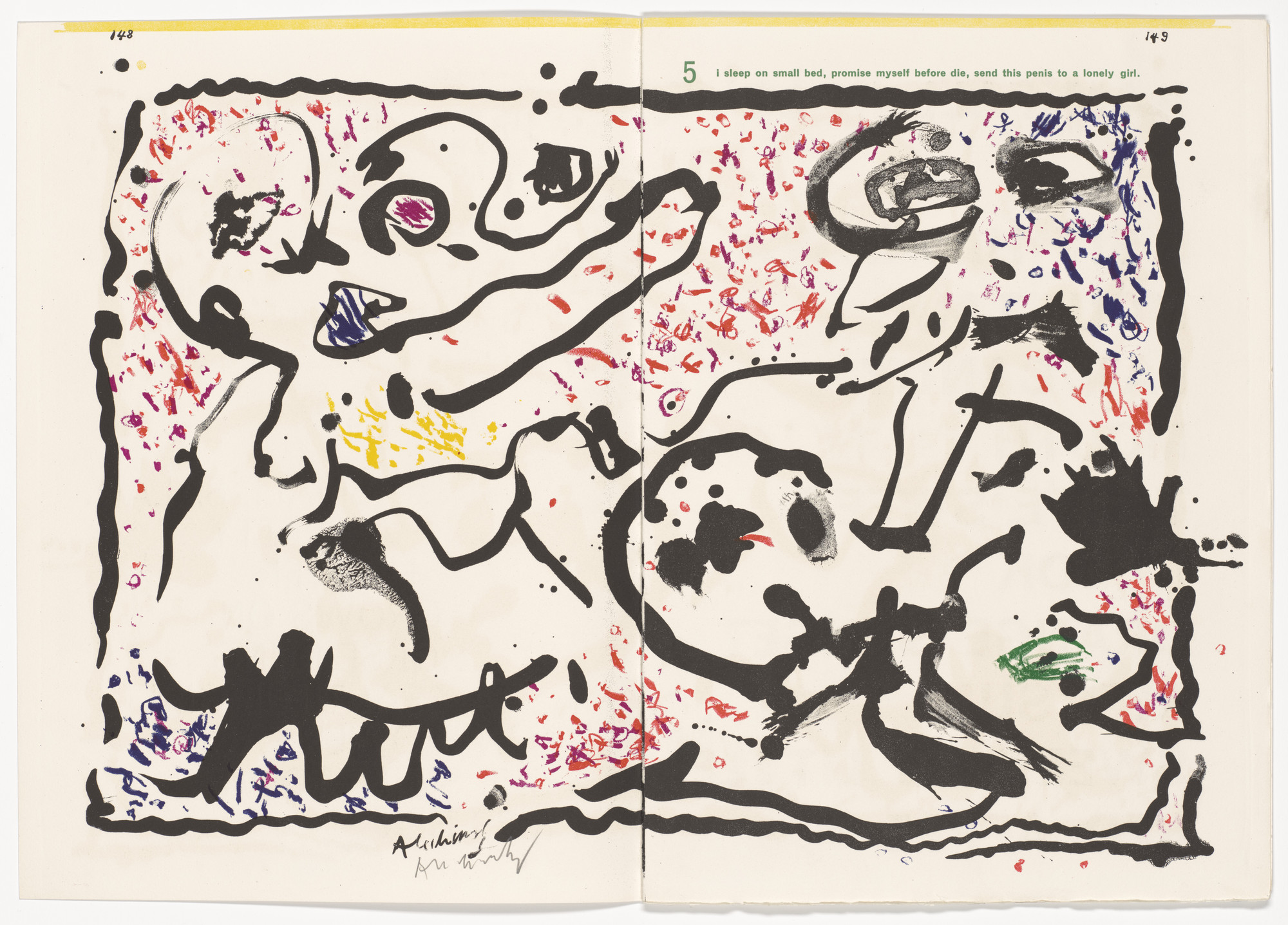 Pierre Alechinsky. Double page in-text plate (pages 148 and 149) from 1¢ Life