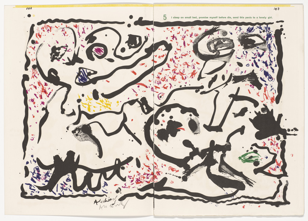 Double page in-text plate (pages 148 and 149) from 1¢ Life, Pierre Alechinsky, 1964