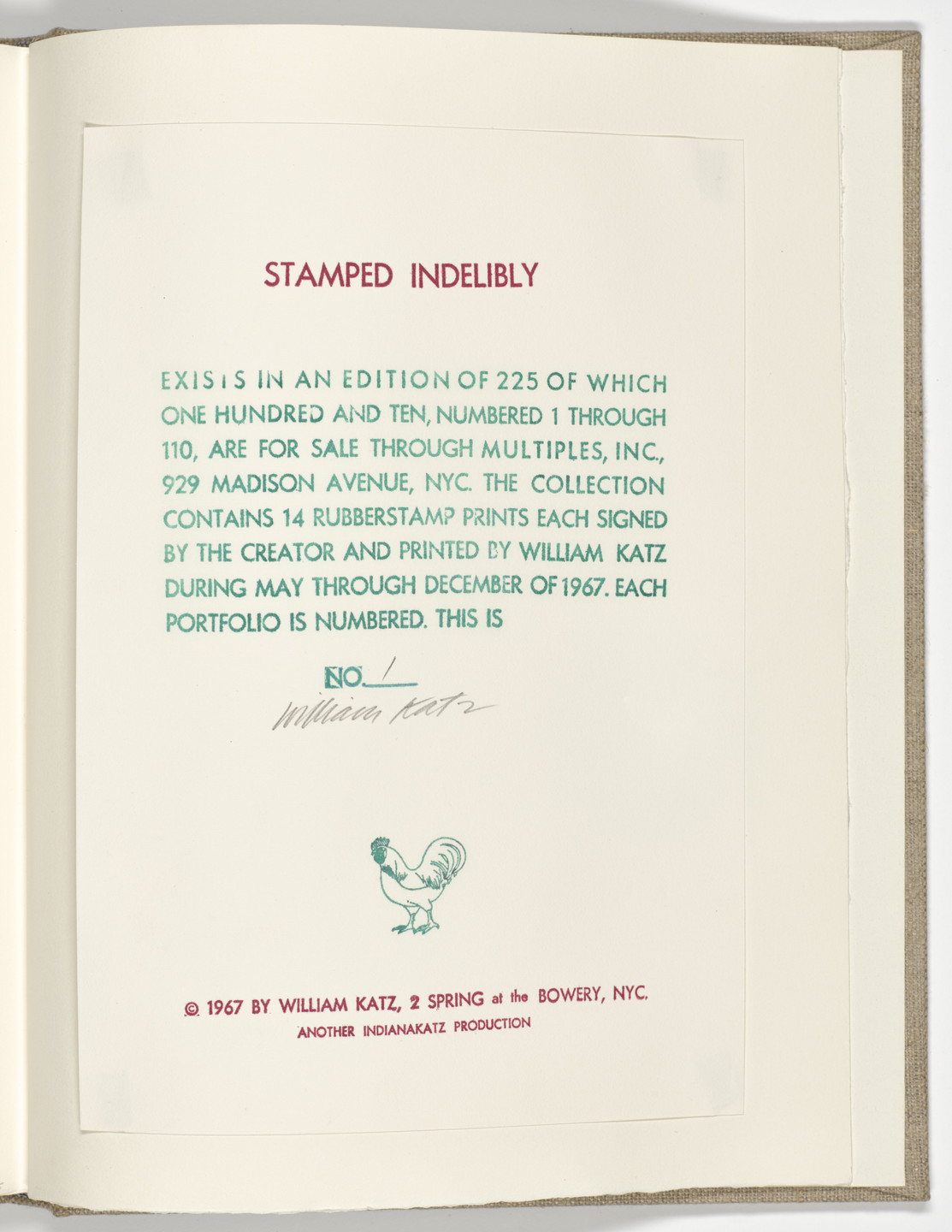 Various Artists, Robert Creeley, Allen Ginsberg, Red Grooms, Robert Indiana, Allen Jones, Kenneth Koch, Josef Levi, Gerard Malanga, Marisol (Marisol Escobar), Claes Oldenburg, Peter Saul, Andy Warhol, Tom Wesselmann, John Willenbecher. Stamped Indelibly. 1967