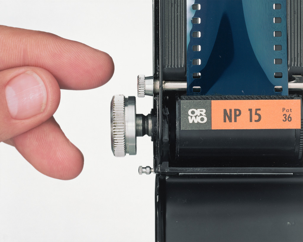 Fig. 2: Loading the film (ORWO NP15 135-36, ASA 25, Manufactured by VEB Filmfabrik Wolfen, Wolfen, German Democratic Republic), Exakta Varex IIa, 35 mm film SLR camera, Manufactured by Ihagee Kamerawerk Steenbergen, & Co, Dresden, German Democratic Republic, Body serial no. 979625 (Production period: 1960–1963), Carl Zeiss Jena Tessar, 50mm f/2.8 lens, Manufactured by VEB Carl Zeiss Jena, Jena, German Democratic Republic, Serial no. 8034351 (Production period: 1967–1970), Model: Christoph Boland, Studio Thomas Borho, Oberkasseler Str. 39, Düsseldorf, Germany, June 25, 2012