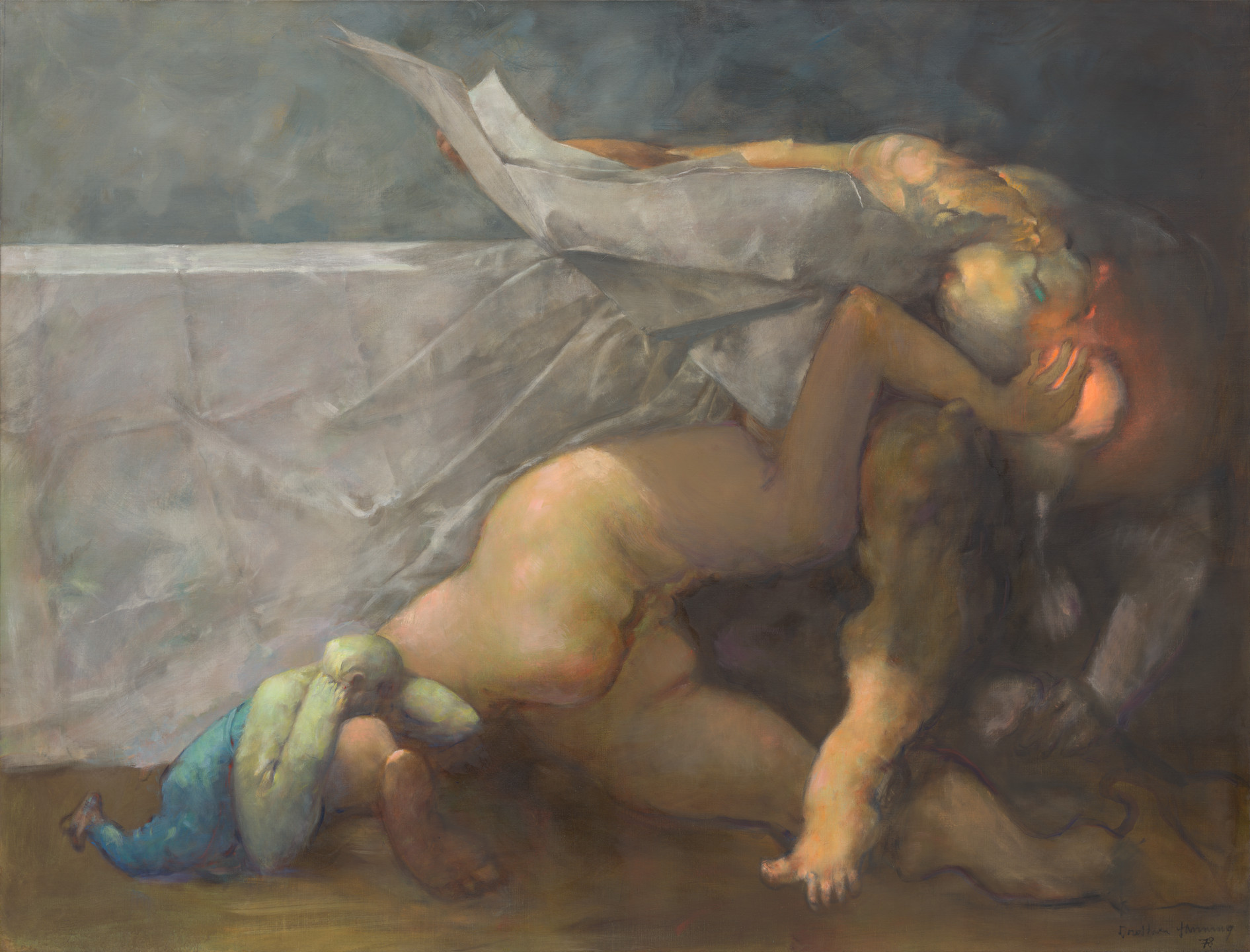 The image depicts intertwined figures with predominantly muted colors, including shades of gray, brown, and a touch of blue. A crumpled sheet and a small green-blue object appear in the foreground. This is an AI generated description. To give feedback, email ai@moma.org.