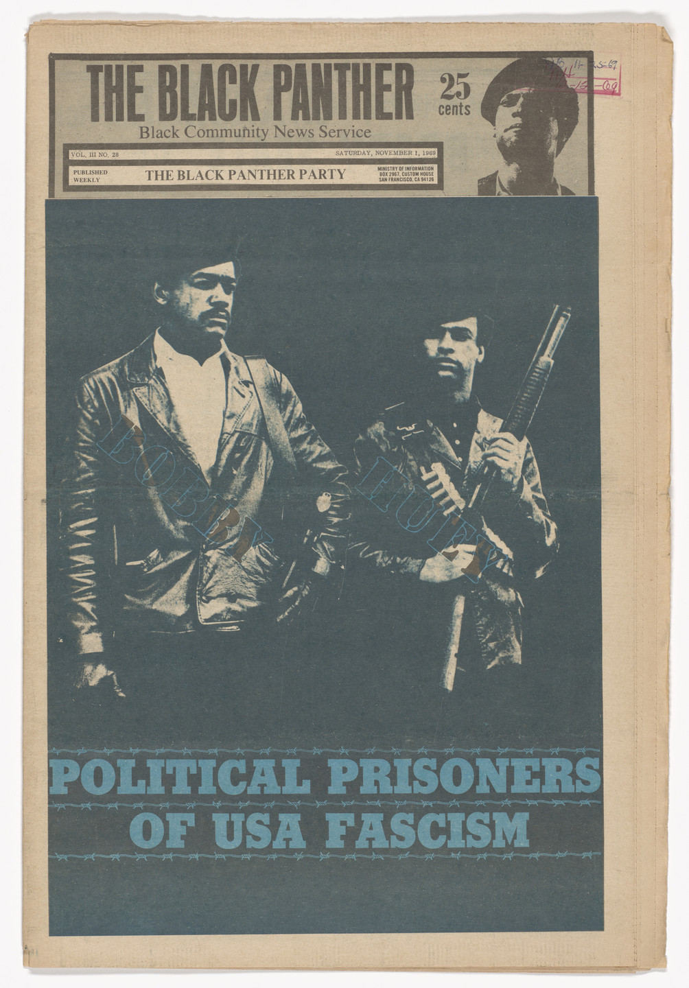 Emory Douglas. The Black Panther Newspaper, vol. 3, no. 28 (Bobby &amp; Huey: Politcal Prisoners of USA Fascism). 1969