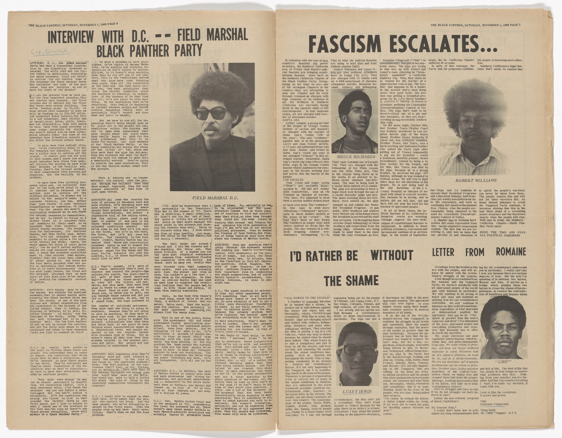 Emory Douglas. The Black Panther Newspaper, vol. 3, no. 28 (Bobby &amp; Huey: Politcal Prisoners of USA Fascism). 1969