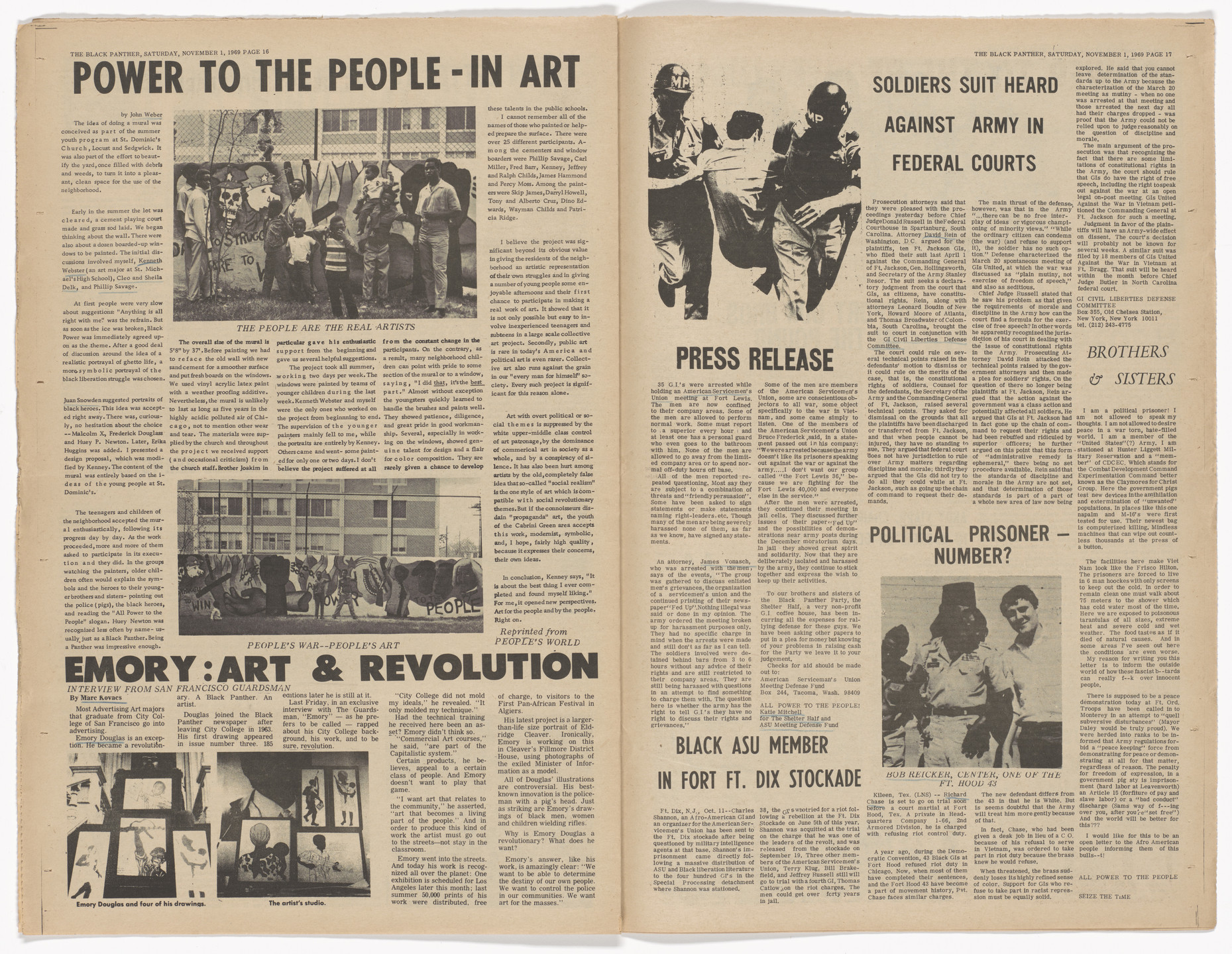 Emory Douglas. The Black Panther Newspaper, vol. 3, no. 28 (Bobby &amp; Huey: Politcal Prisoners of USA Fascism). 1969