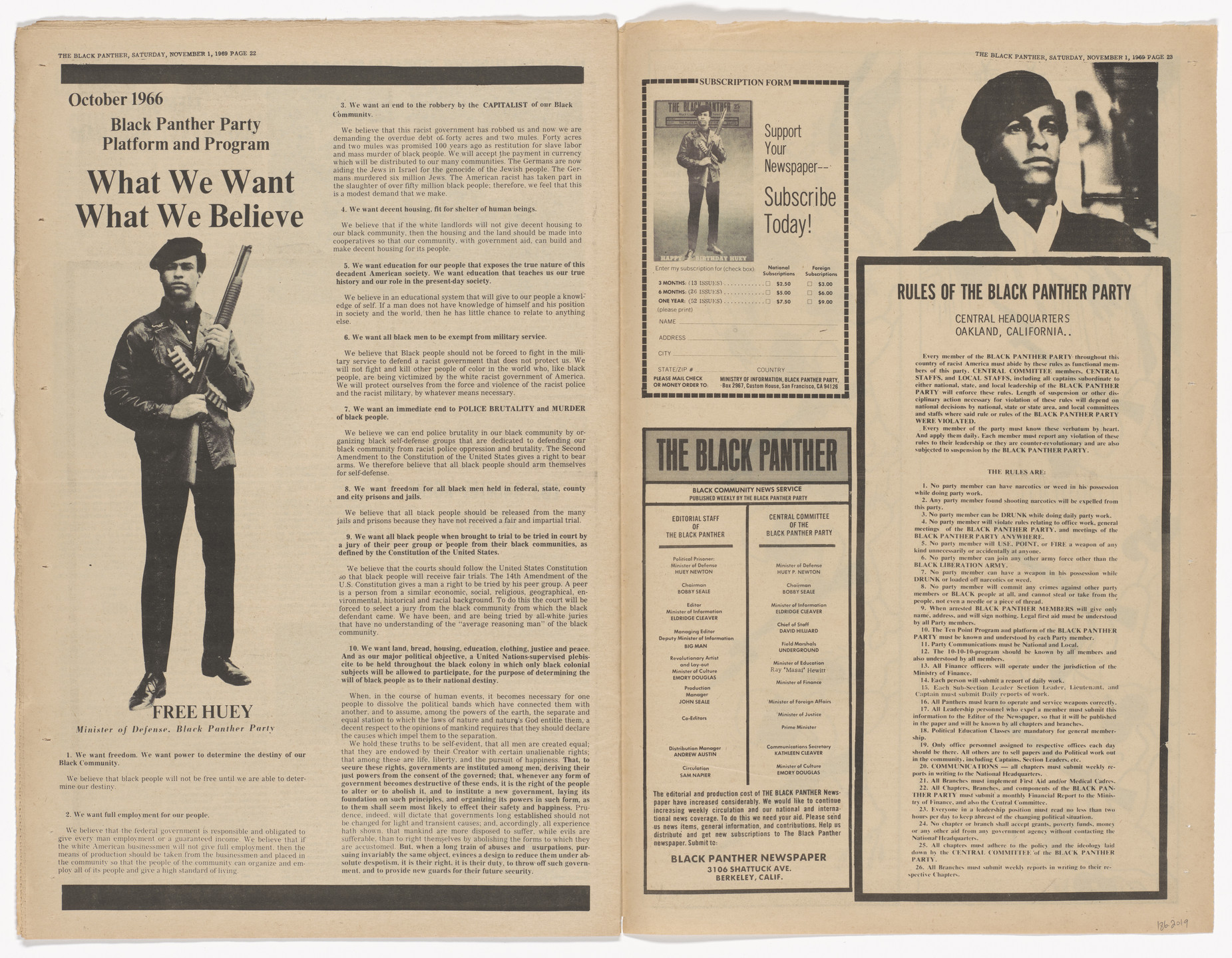 Emory Douglas. The Black Panther Newspaper, vol. 3, no. 28 (Bobby &amp; Huey: Politcal Prisoners of USA Fascism). 1969