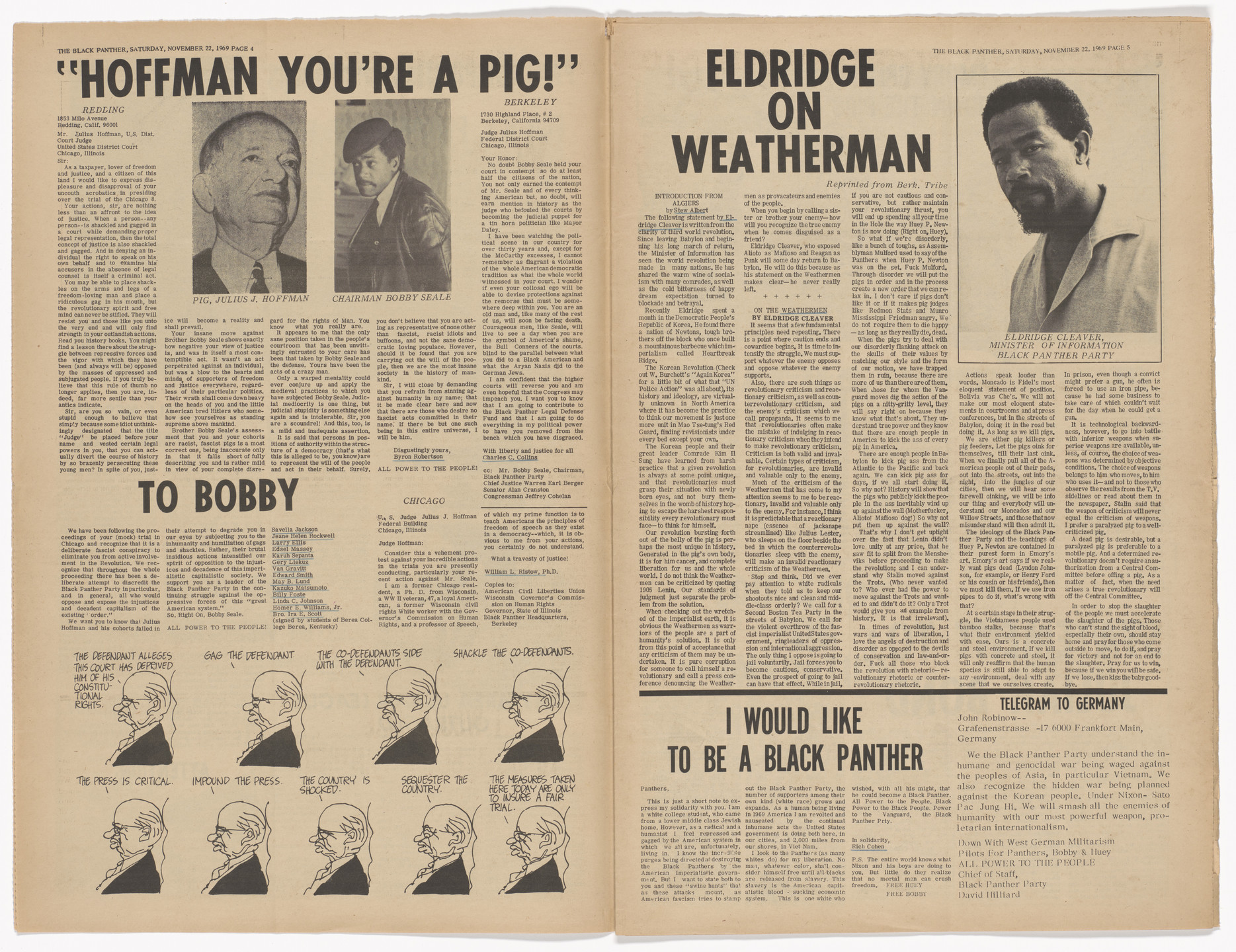 Emory Douglas. The Black Panther Newspaper, vol. 3, no. 31 (Even the peace movement doesn't compromise our defense principle). 1969