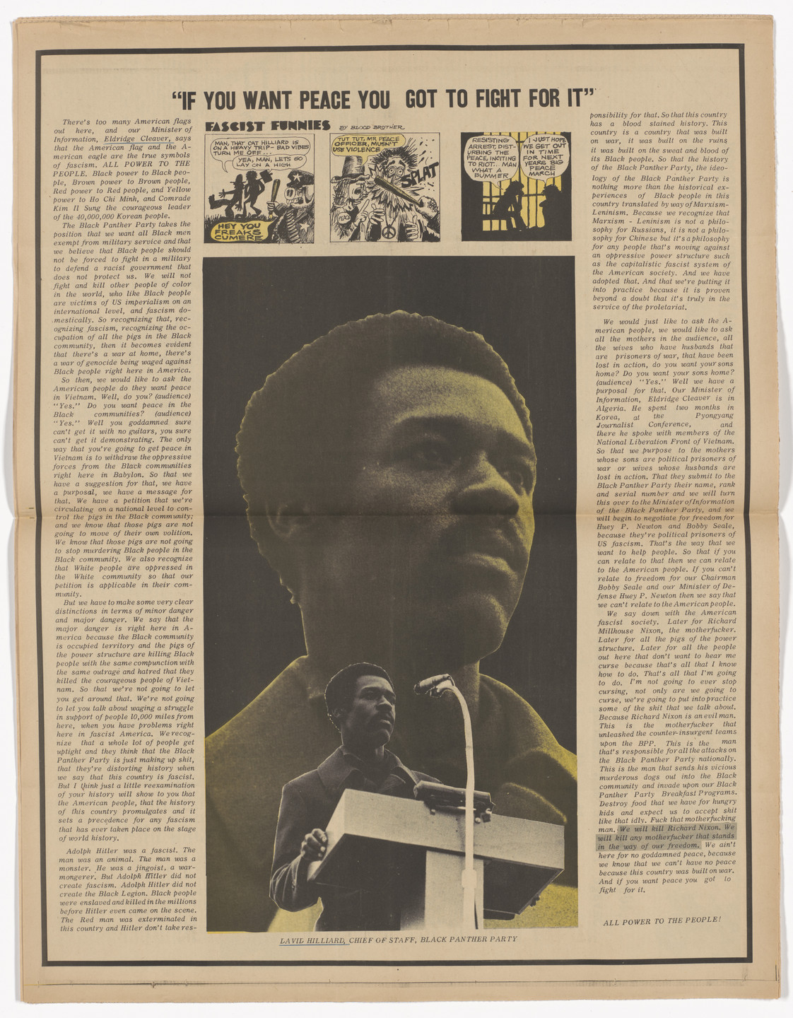 Emory Douglas. The Black Panther Newspaper, vol. 3, no. 31 (Even the peace movement doesn't compromise our defense principle). 1969
