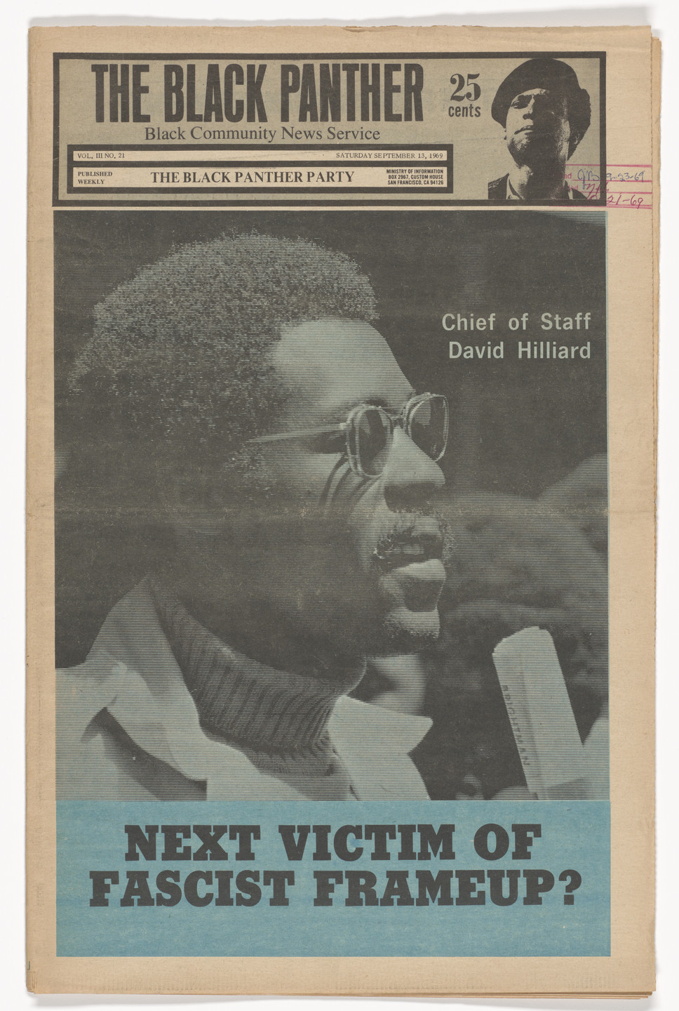 Emory Douglas. The Black Panther Newspaper, vol. 3, no. 21, Next victim of fascist frame up?. 1969