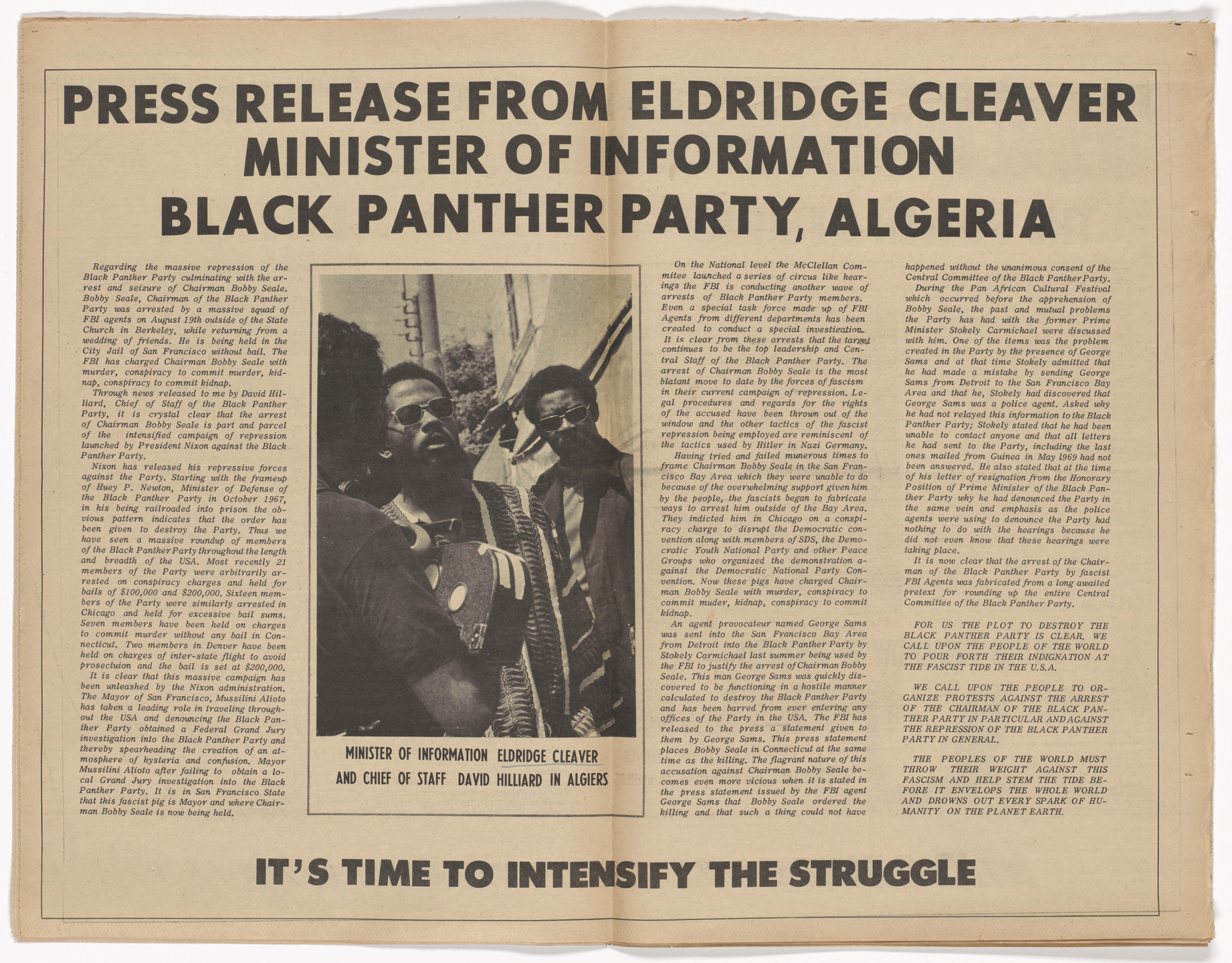 Emory Douglas, Yolanda Lopez. The Black Panther Newspaper, vol. 3, no. 20 (Huey Newton, Eldridge Cleaver, Bobby Seale). 1969
