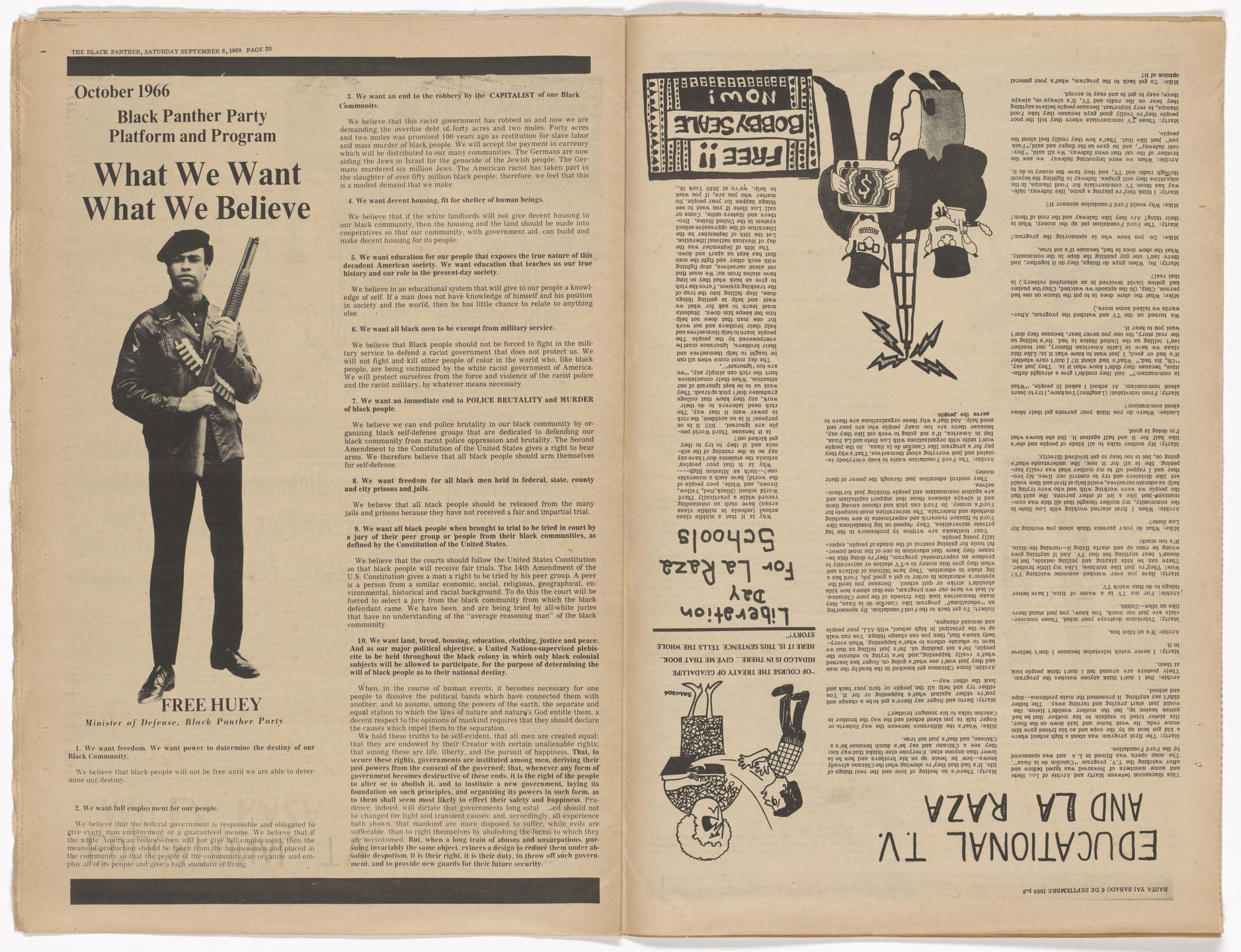 Emory Douglas, Yolanda Lopez. The Black Panther Newspaper, vol. 3, no. 20 (Huey Newton, Eldridge Cleaver, Bobby Seale). 1969