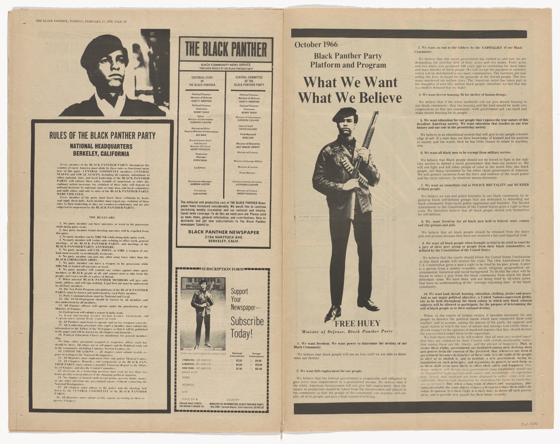 Emory Douglas. The Black Panther Newspaper, vol. 4, no.10 (Happy birthday Huey). 1970