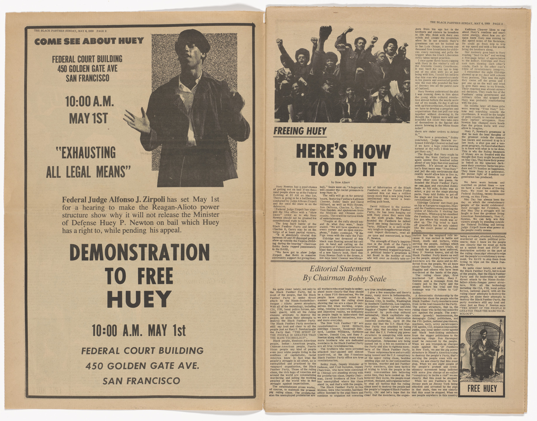 Emory Douglas. The Black Panther Newspaper, vol. 3, no. 2 (Free Huey). 1969