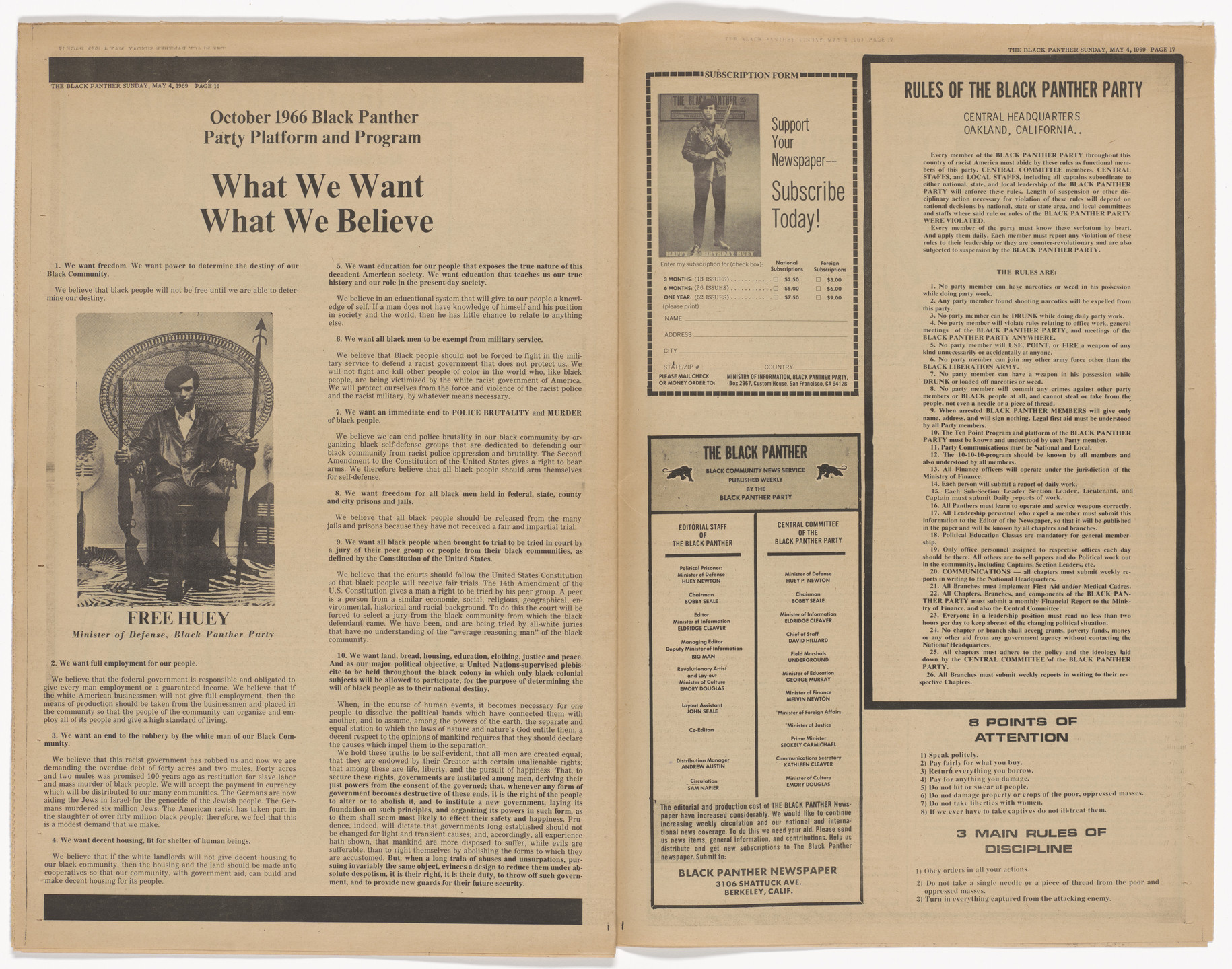 Emory Douglas. The Black Panther Newspaper, vol. 3, no. 2 (Free Huey). 1969