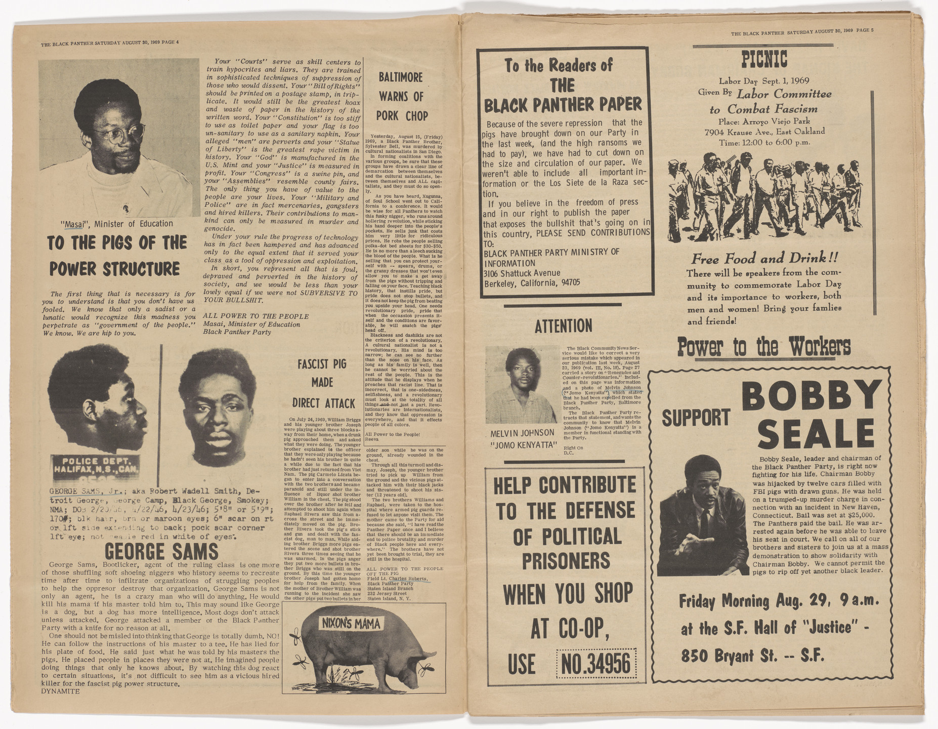 Emory Douglas. The Black Panther Newspaper, vol. 3, no. 19 (Kidnapped). 1969
