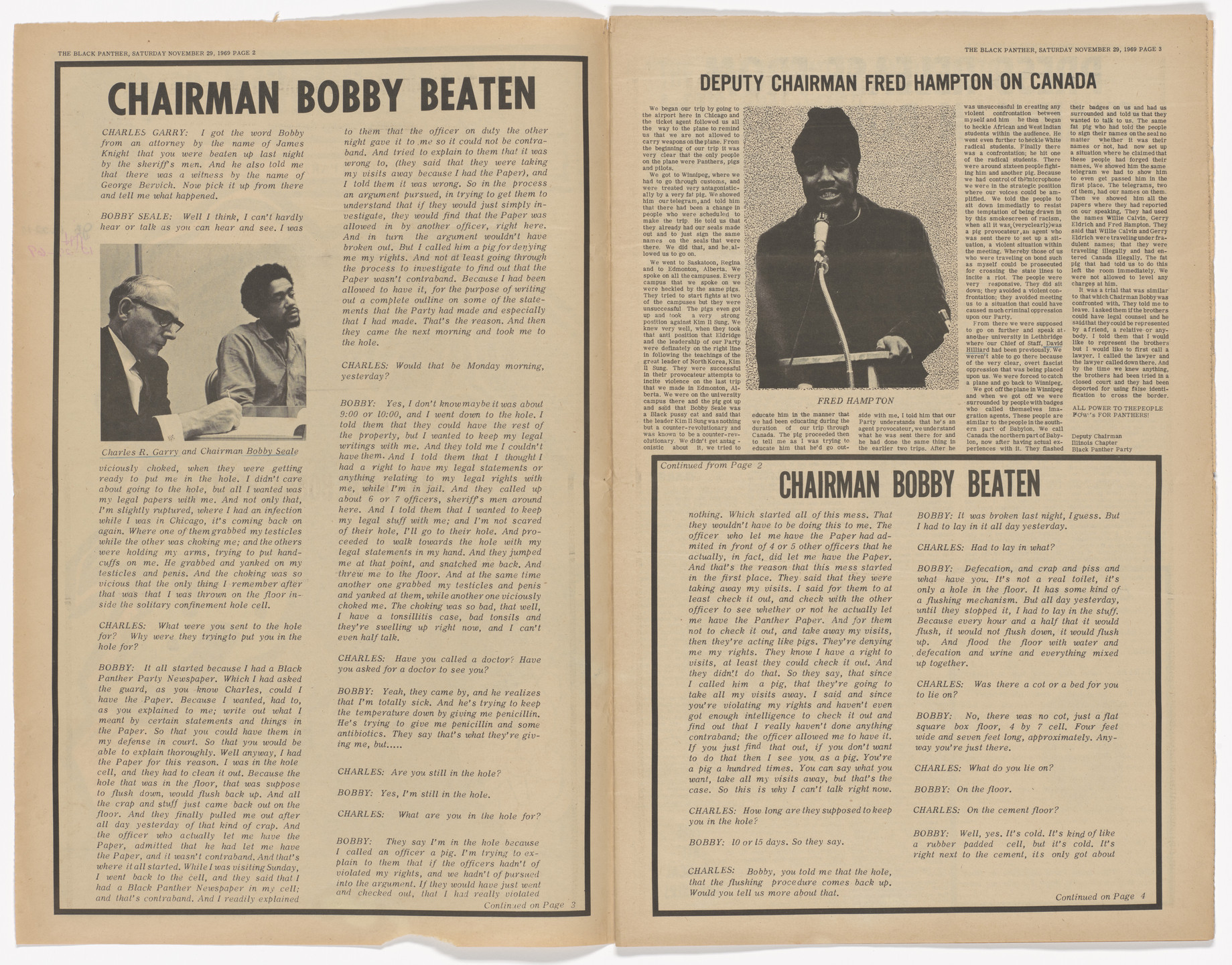 Emory Douglas. The Black Panther Newspaper, vol. 3, no. 32 (S.F pigs beat-choke Chairman Bobby Seale). 1969
