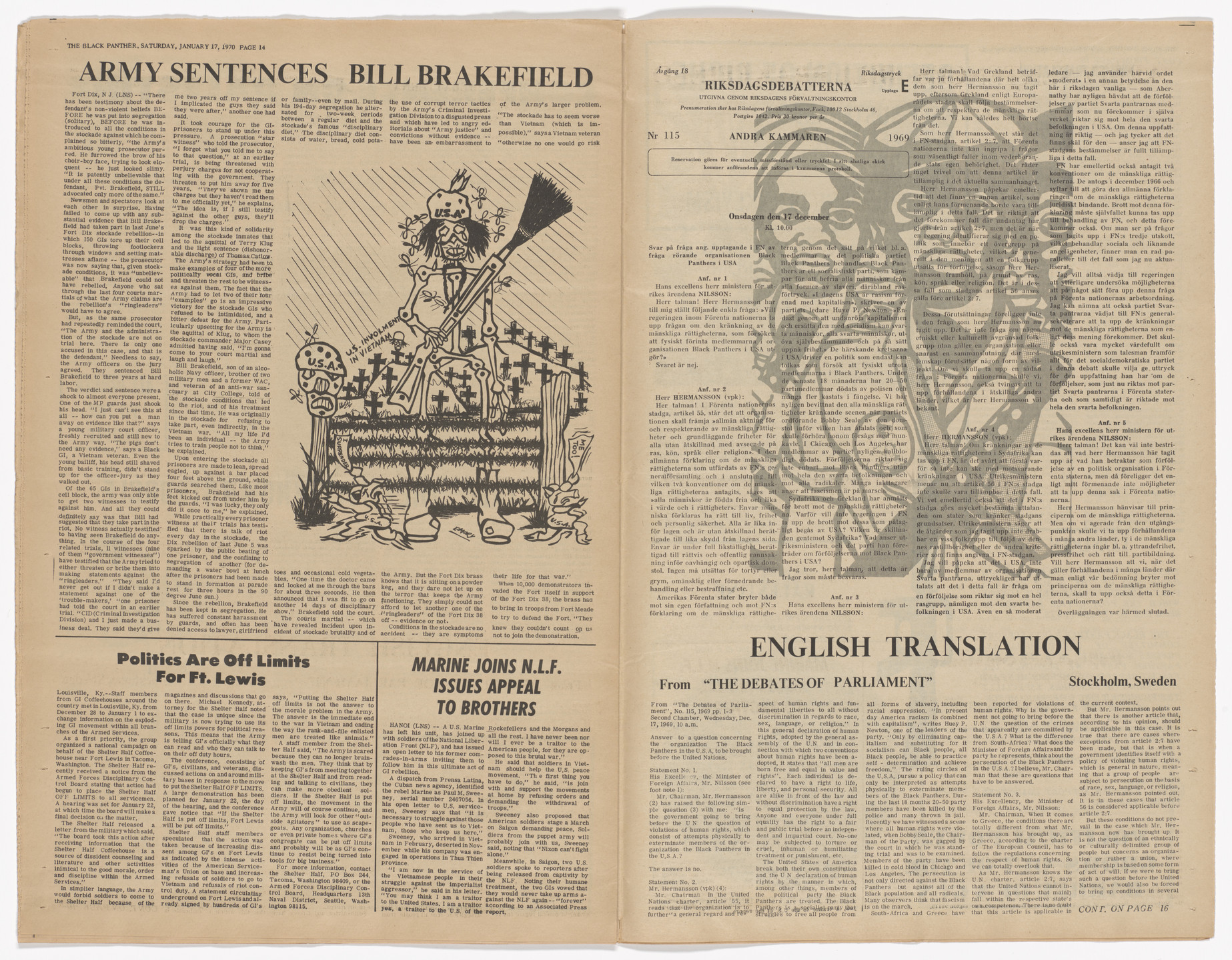 Emory Douglas. The Black Panther Newspaper, vol. 4, no. 7 (American Flag: Symbol of Fascism). 1970