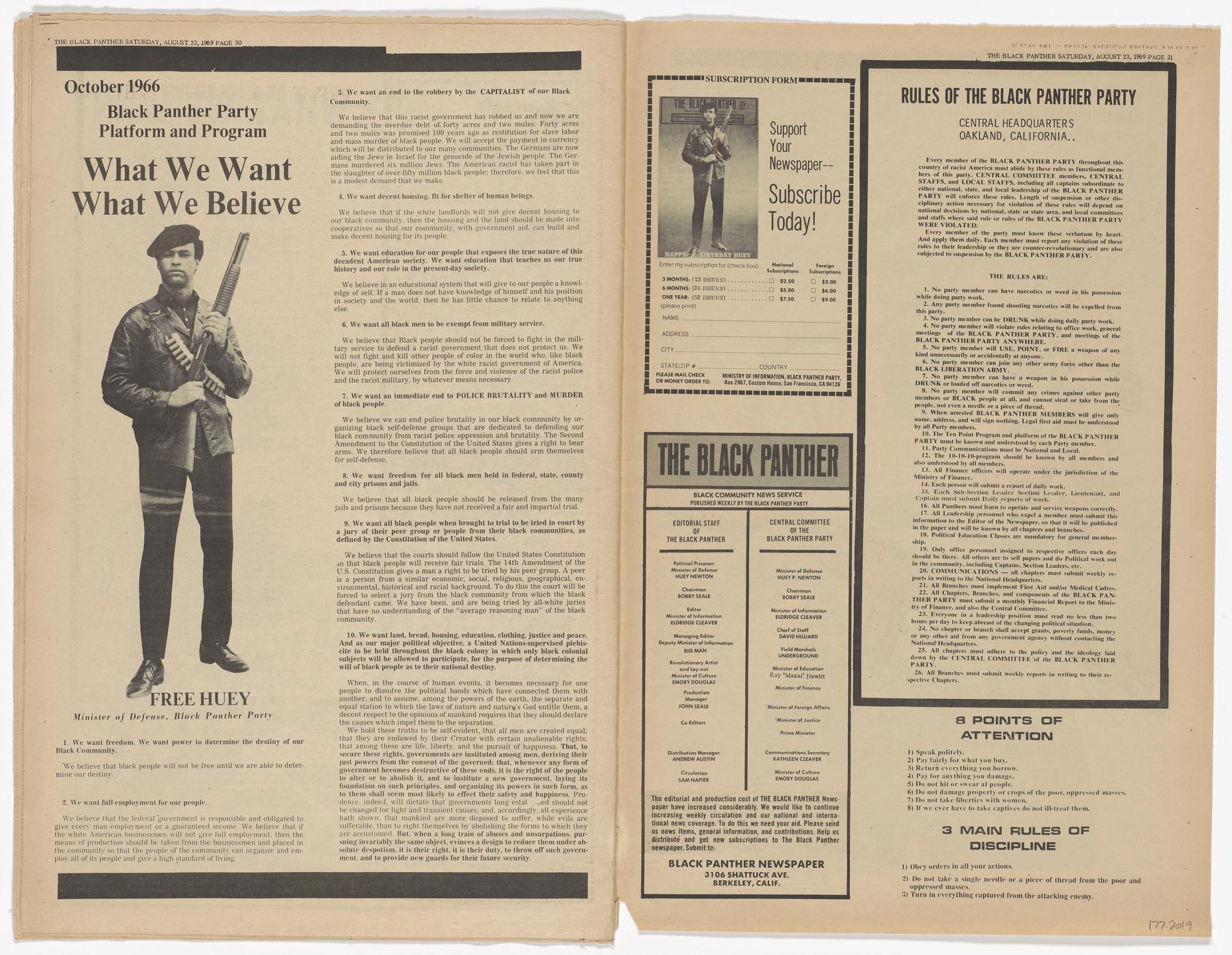Emory Douglas. The Black Panther Newspaper, vol. 3, no. 18 (Kill black panther, kill black people). 1969