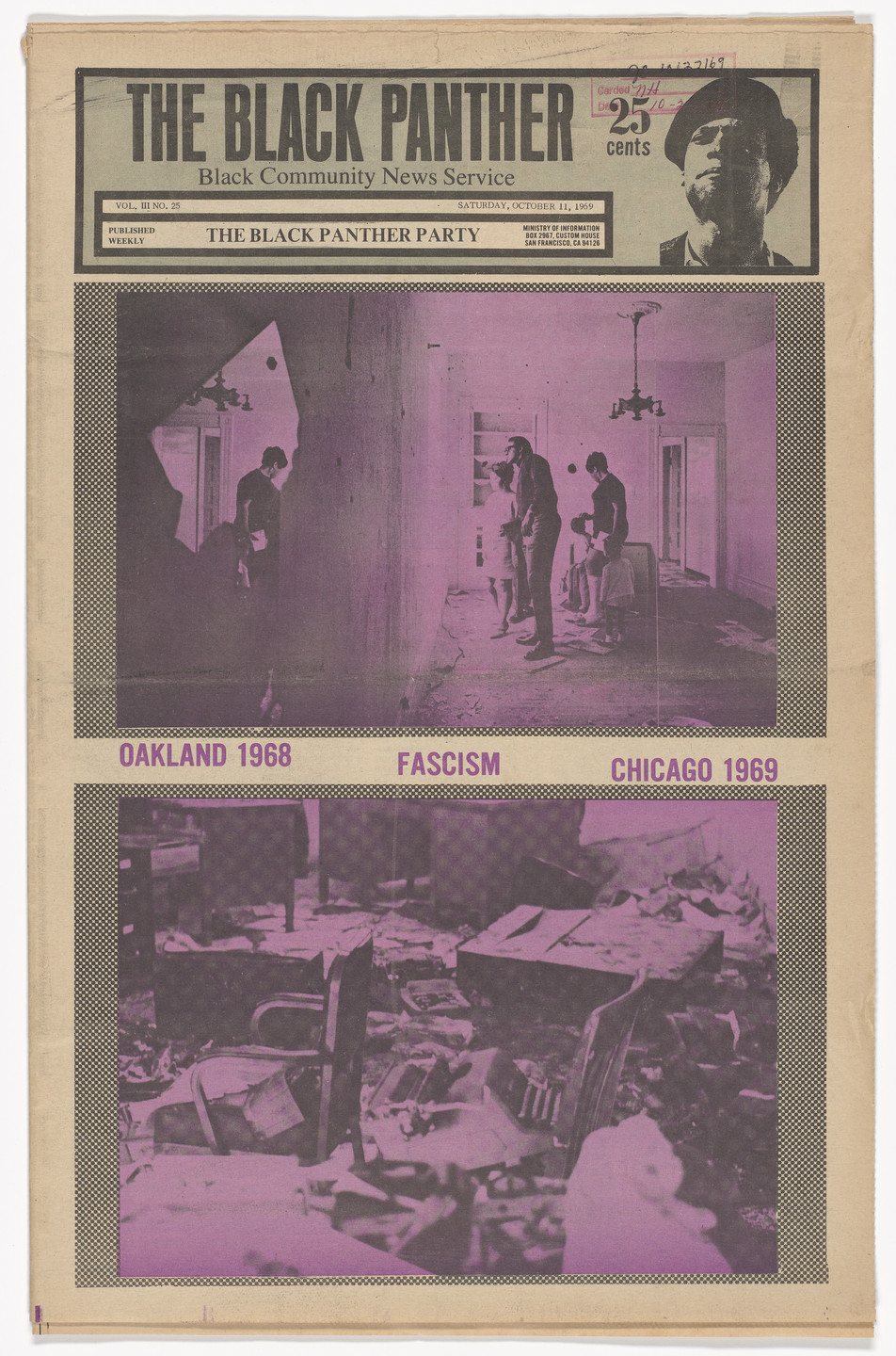Emory Douglas. The Black Panther Newspaper, vol. 3, no. 25 (Oakland 1968, Fascism, Chicago 1969). 1969