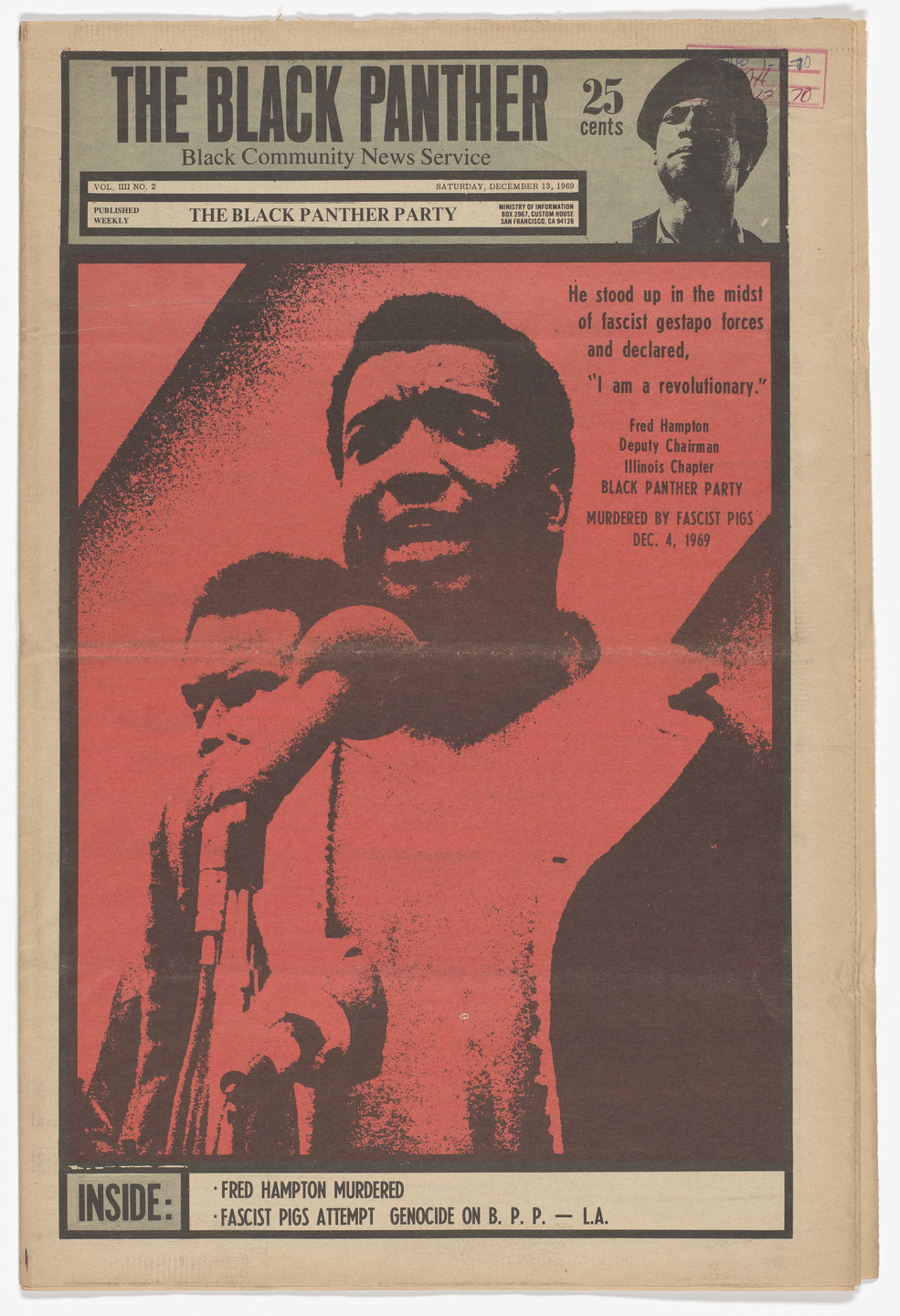 Emory Douglas. The Black Panther Newspaper, vol. 4, no. 2 (Fred Hampton murdered). 1969