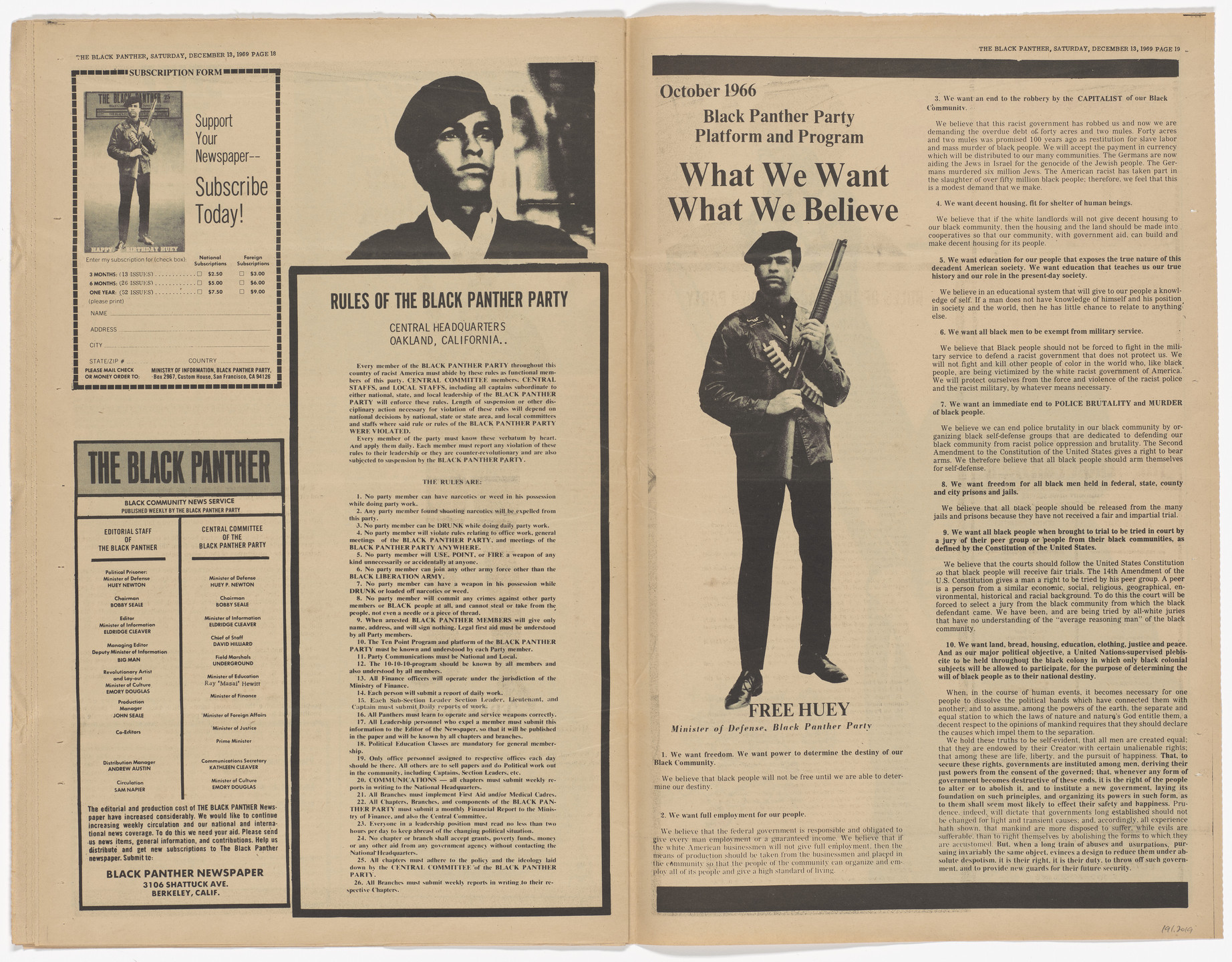 Emory Douglas. The Black Panther Newspaper, vol. 4, no. 2 (Fred Hampton murdered). 1969