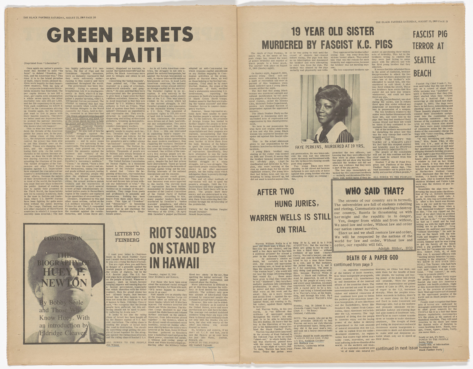 Emory Douglas. The Black Panther Newspaper, vol. 3, no. 18 (Kill black panther, kill black people). 1969