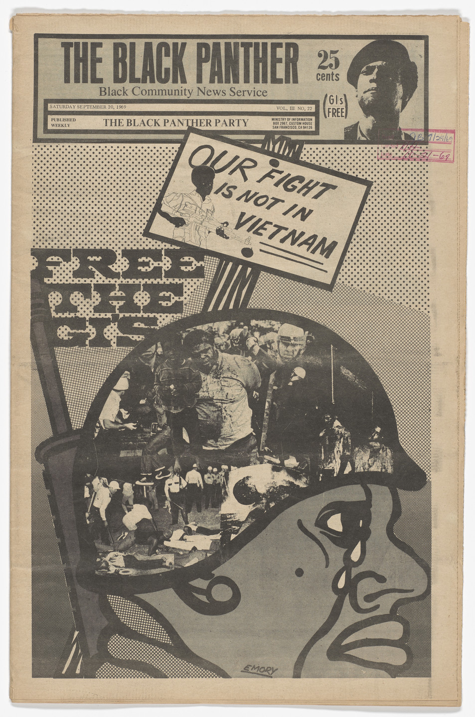 Emory Douglas, Yolanda Lopez. The Black Panther Newspaper, vol. 3, no. 22 (Our fight is not in Vietnam). 1969
